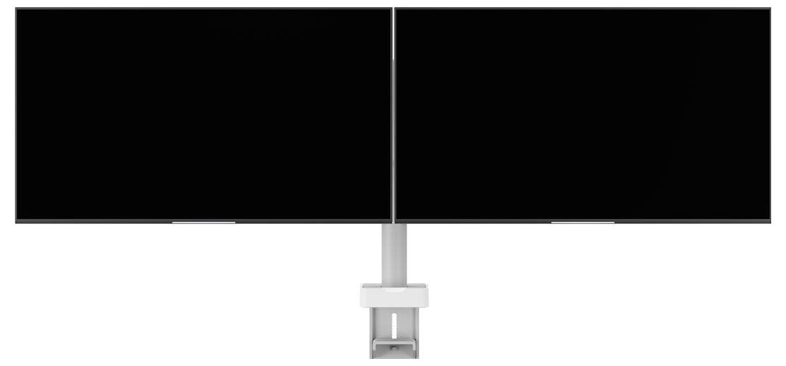 A dual-monitor setup mounted on a single stand, featuring two large black screens side by side, emphasizing a clean and sleek design.