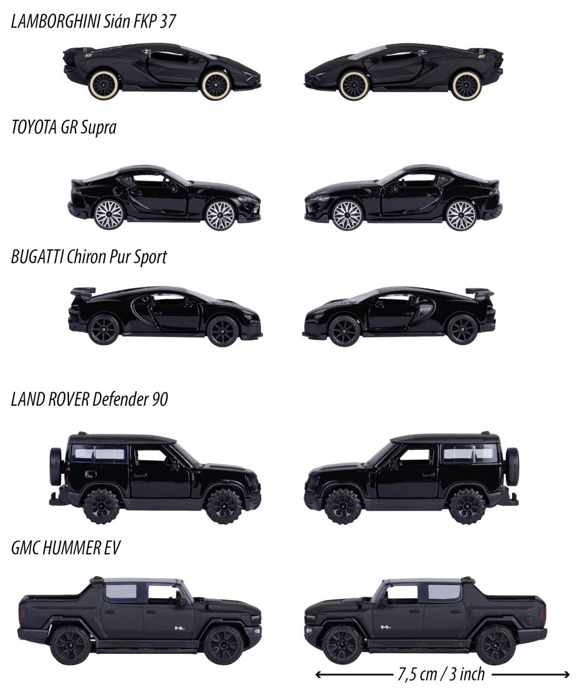 Majorette Bugatti, Lamborghini, Toyota, Land Rover Black Edition 5 Pieces Gift Pack modèle fini Modèle réduit de voiture