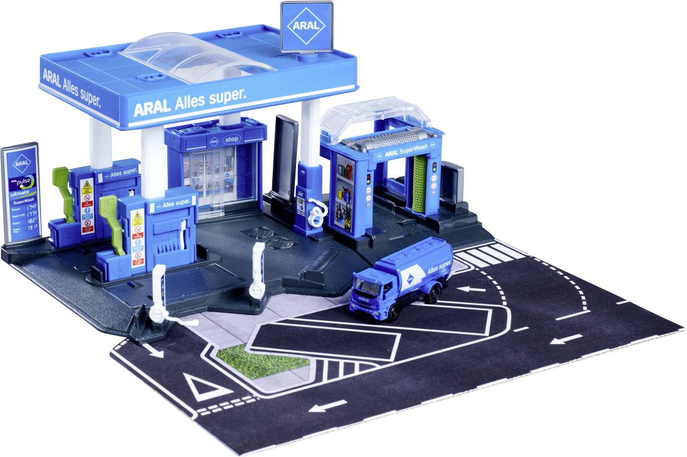 Majorette Station pétrolière Aral + 1 véhicule Set station essence