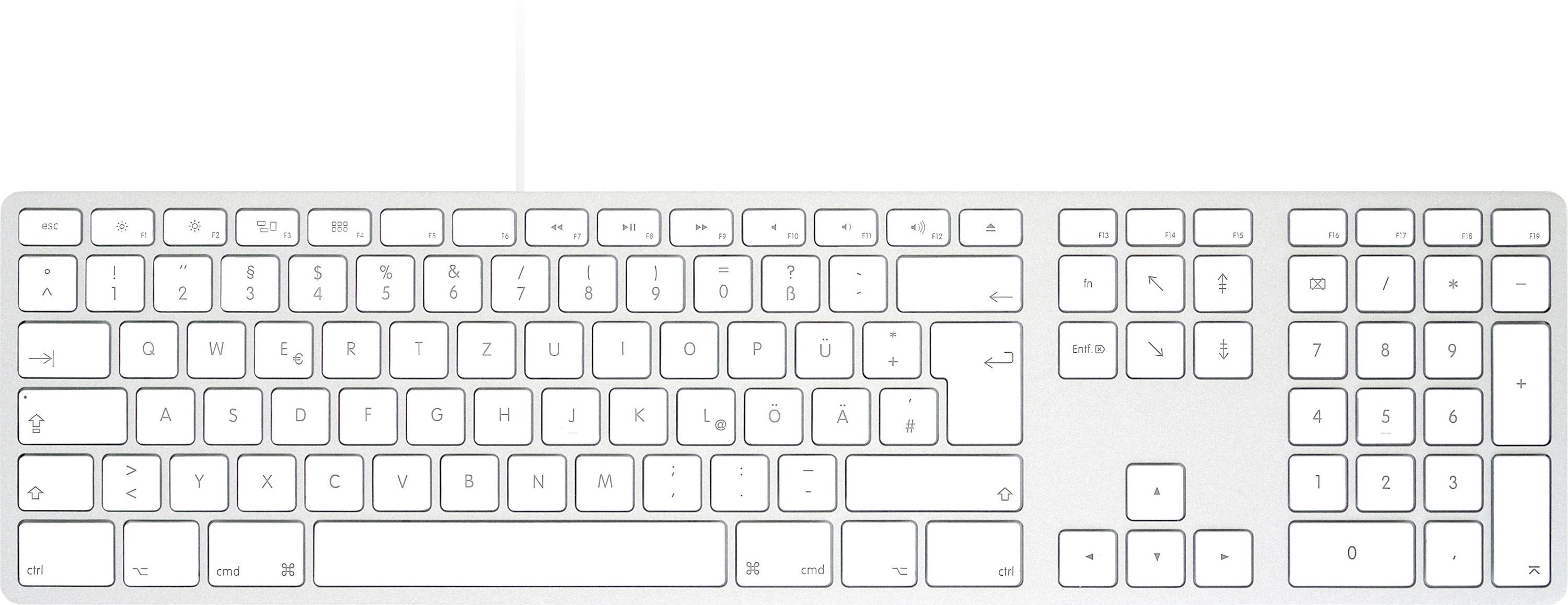 Un clavier d'ordinateur blanc avec un pavé numérique, présentant à la fois des caractères anglais et allemands.