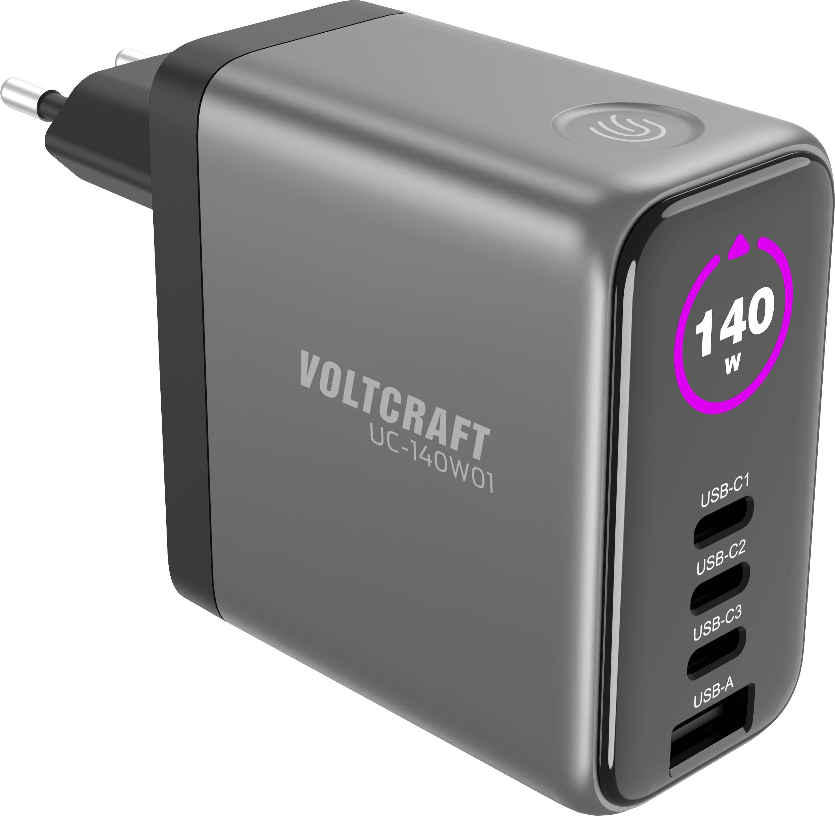 Chargeur mural Voltcraft 140W gris avec quatre ports USB et icône d'alimentation sur le dessus, présenté en vue en angle.