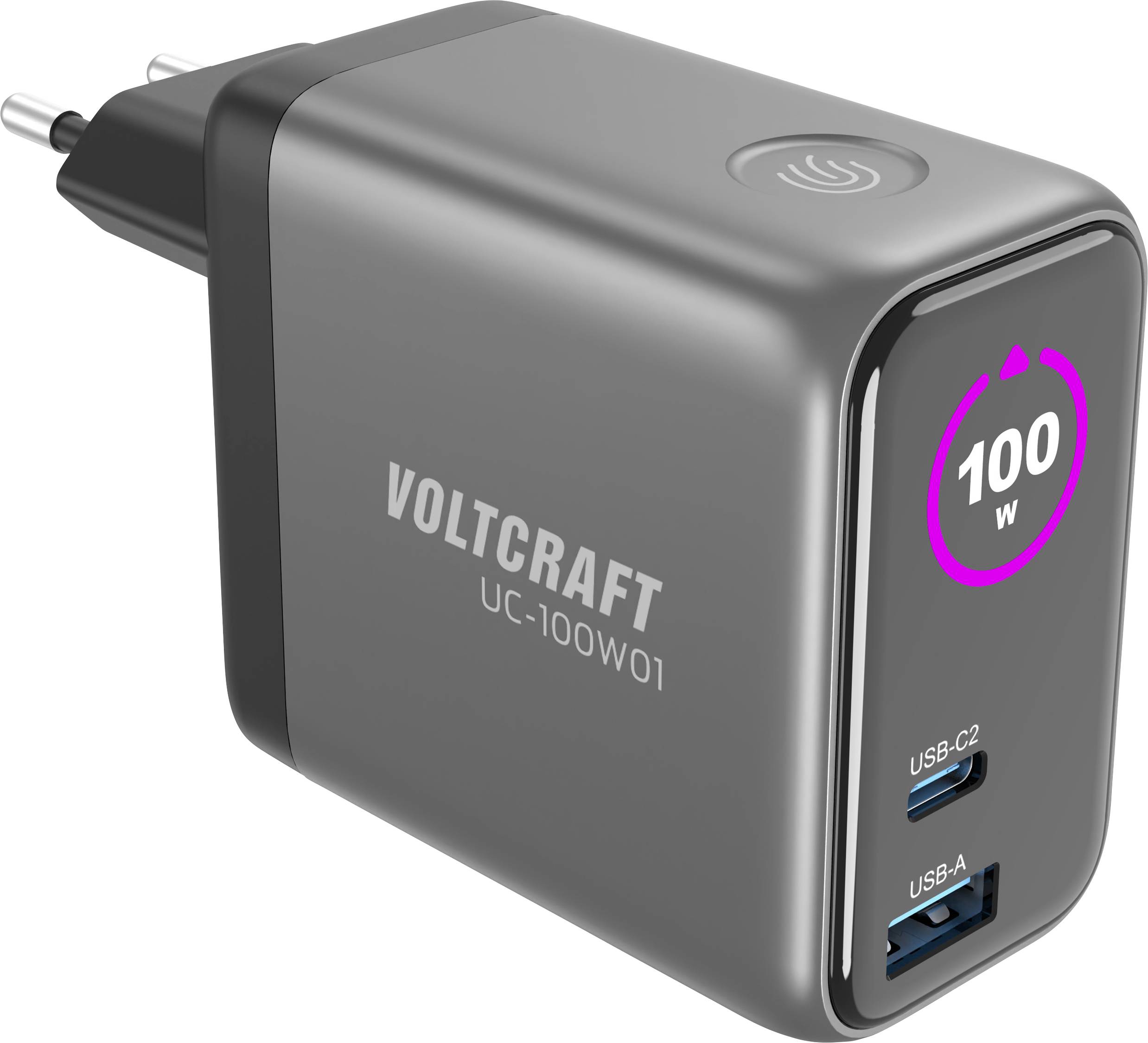 Un chargeur mural noir avec deux ports USB : USB-C2 et USB-A, affichant « 100W » sur le devant. Le nom de marque « VOLTCRAFT » est visible.