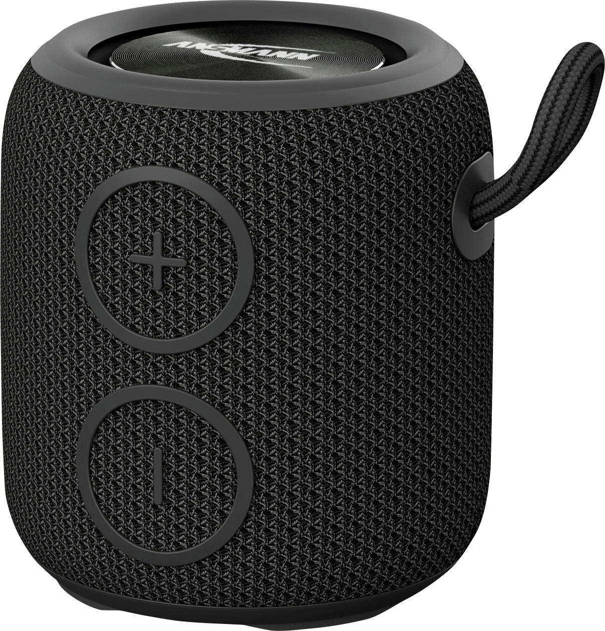 Un haut-parleur Bluetooth portable noir avec des boutons de volume '+' et '-', présentant une surface texturée et une boucle de transport sur le côté.