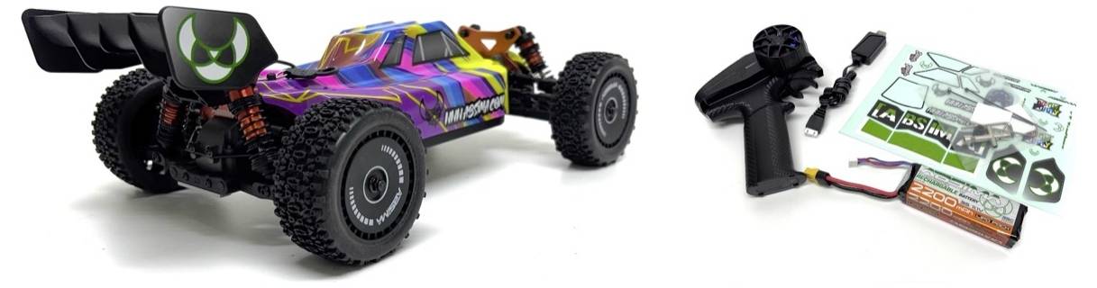 Voiture télécommandée colorée avec de grandes roues et un aileron ; comprend une télécommande, une batterie et une feuille d'autocollants pour personnalisation.