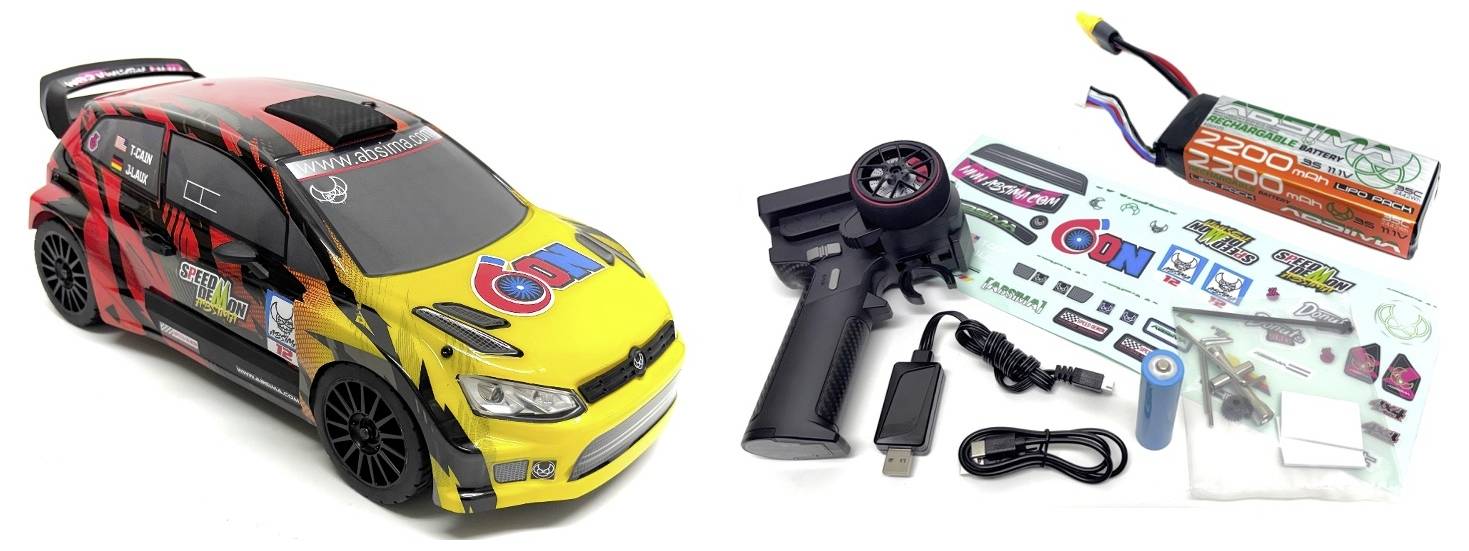 Une voiture télécommandée avec un design de carrosserie jaune et rouge, accompagnée d'une télécommande, d'une batterie, d'un chargeur, d'autocollants et d'accessoires.