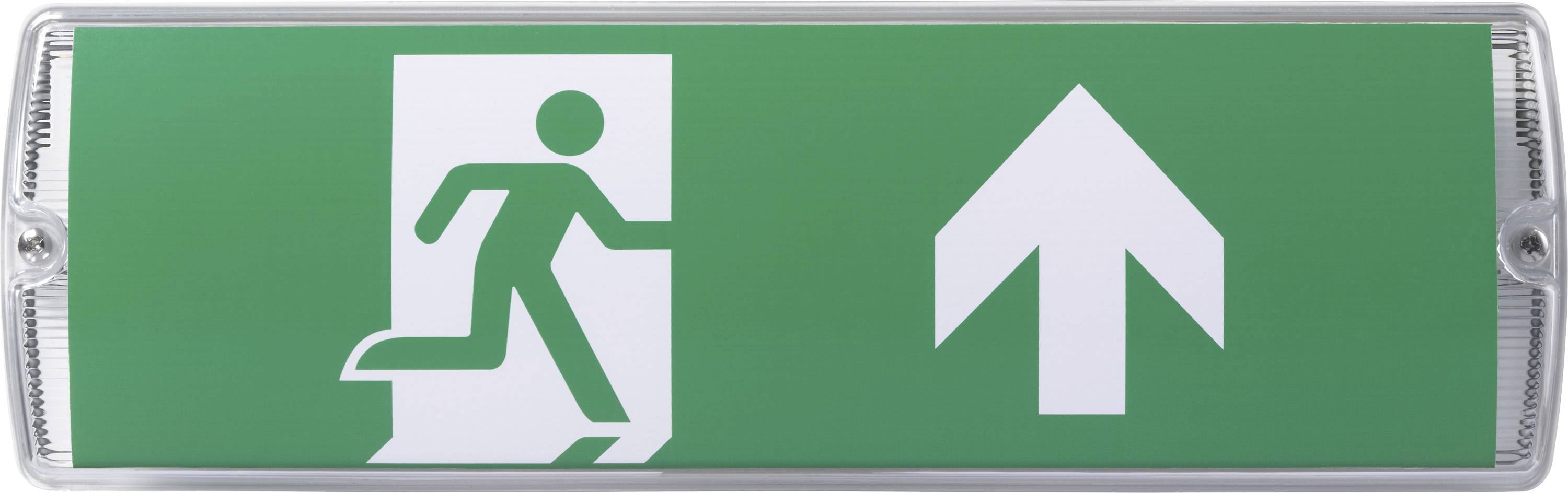 Panneau de sortie d'urgence montrant une personne qui s'enfuit par une porte avec une flèche pointant vers le haut, indiquant la direction vers une sortie de secours.