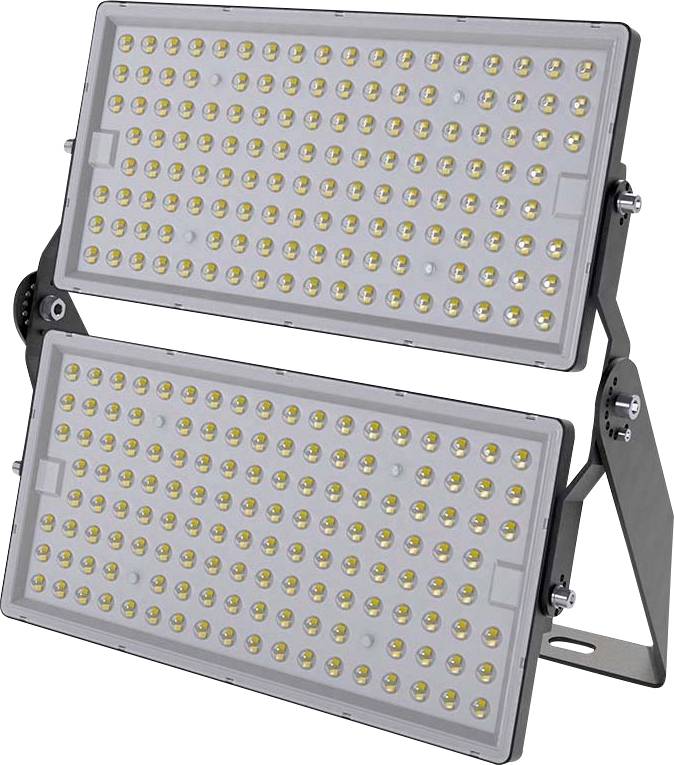 Projecteur à LED double panneau avec plusieurs ampoules circulaires sur chaque panneau, monté sur un support réglable pour éclairer de grandes surfaces.
