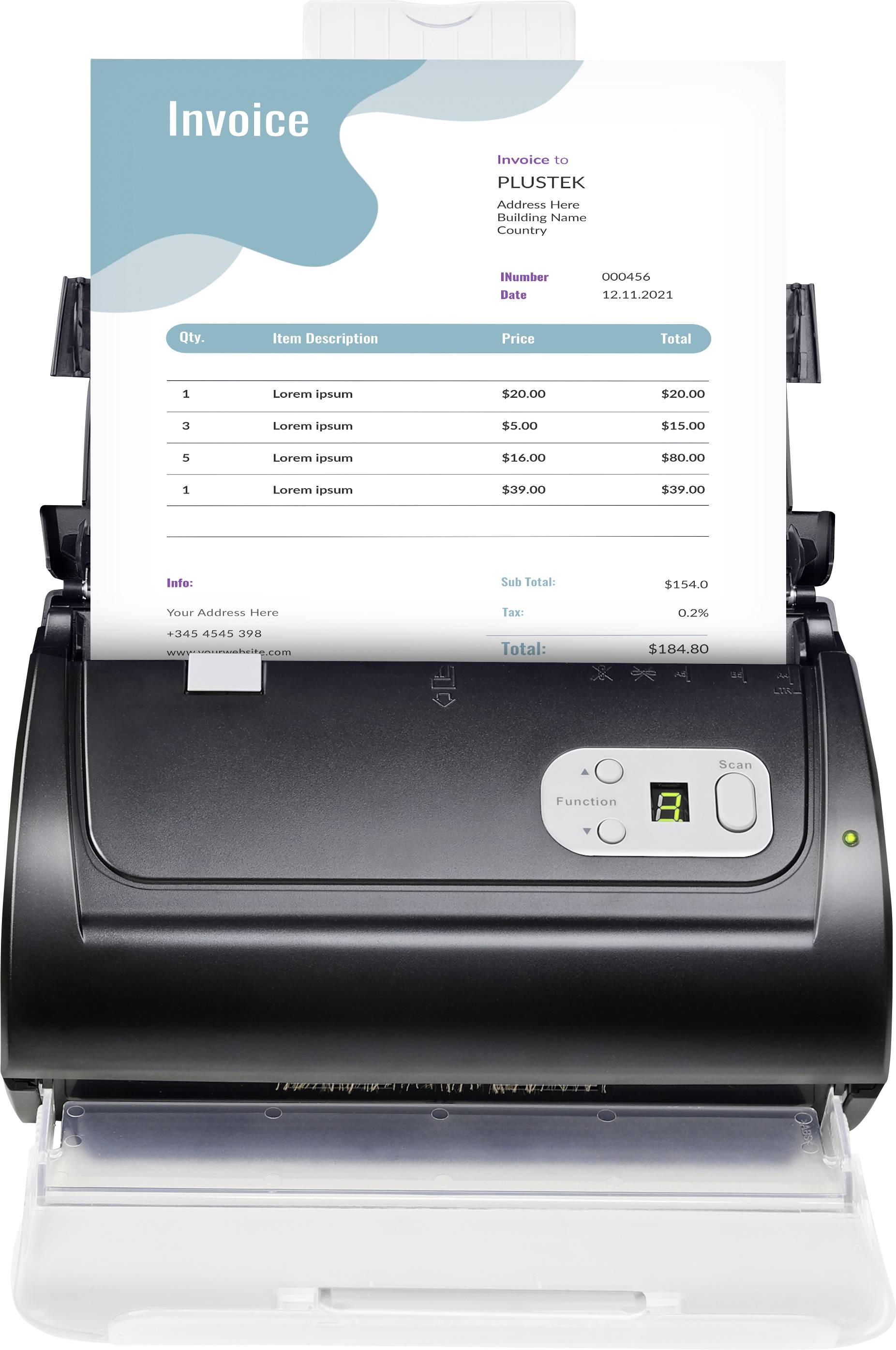 Un scanner imprimant une facture intitulée « Facture » pour « Plustek » avec une liste d'articles, des quantités, des prix et un montant total de 184,00 €.