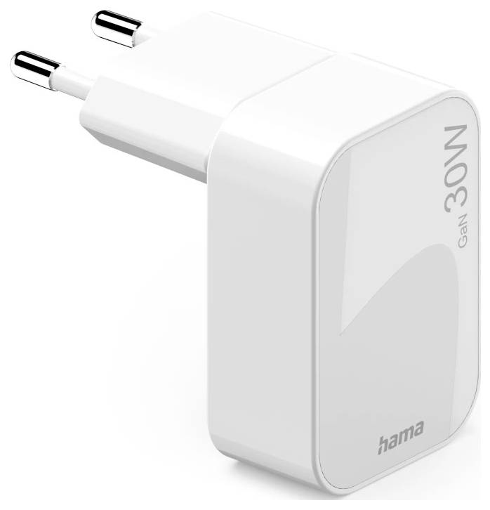 Un chargeur mural USB-C blanc 'hama GaN 30W' avec deux broches, conçu pour charger rapidement les appareils portables.