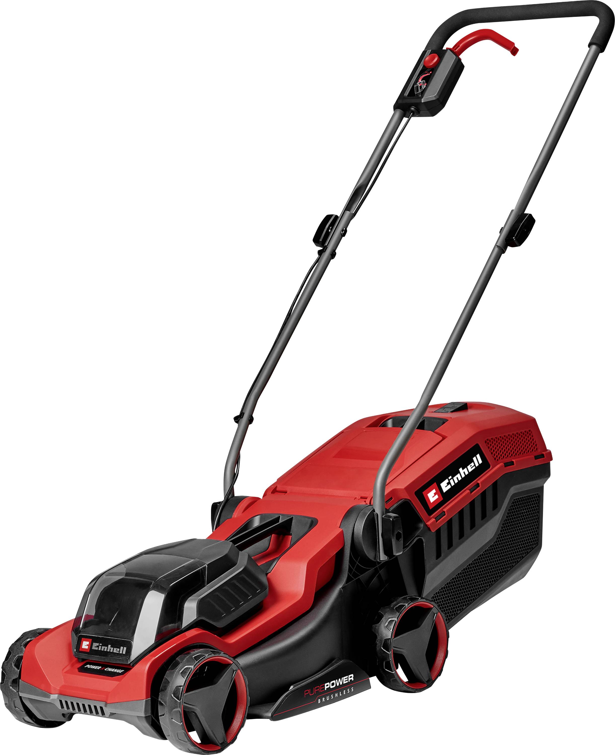 Une tondeuse à gazon rouge et noire avec une poignée, portant la marque « Einhell ».