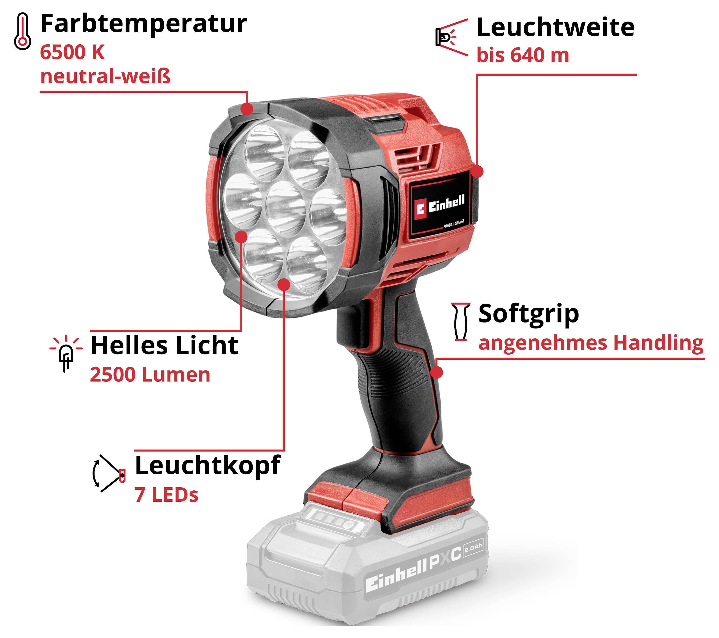 Lampe de poche LED puissante avec 7 LED, température de couleur de 6500 K, portée lumineuse jusqu'à 640 m, poignée souple et manipulation confortable.