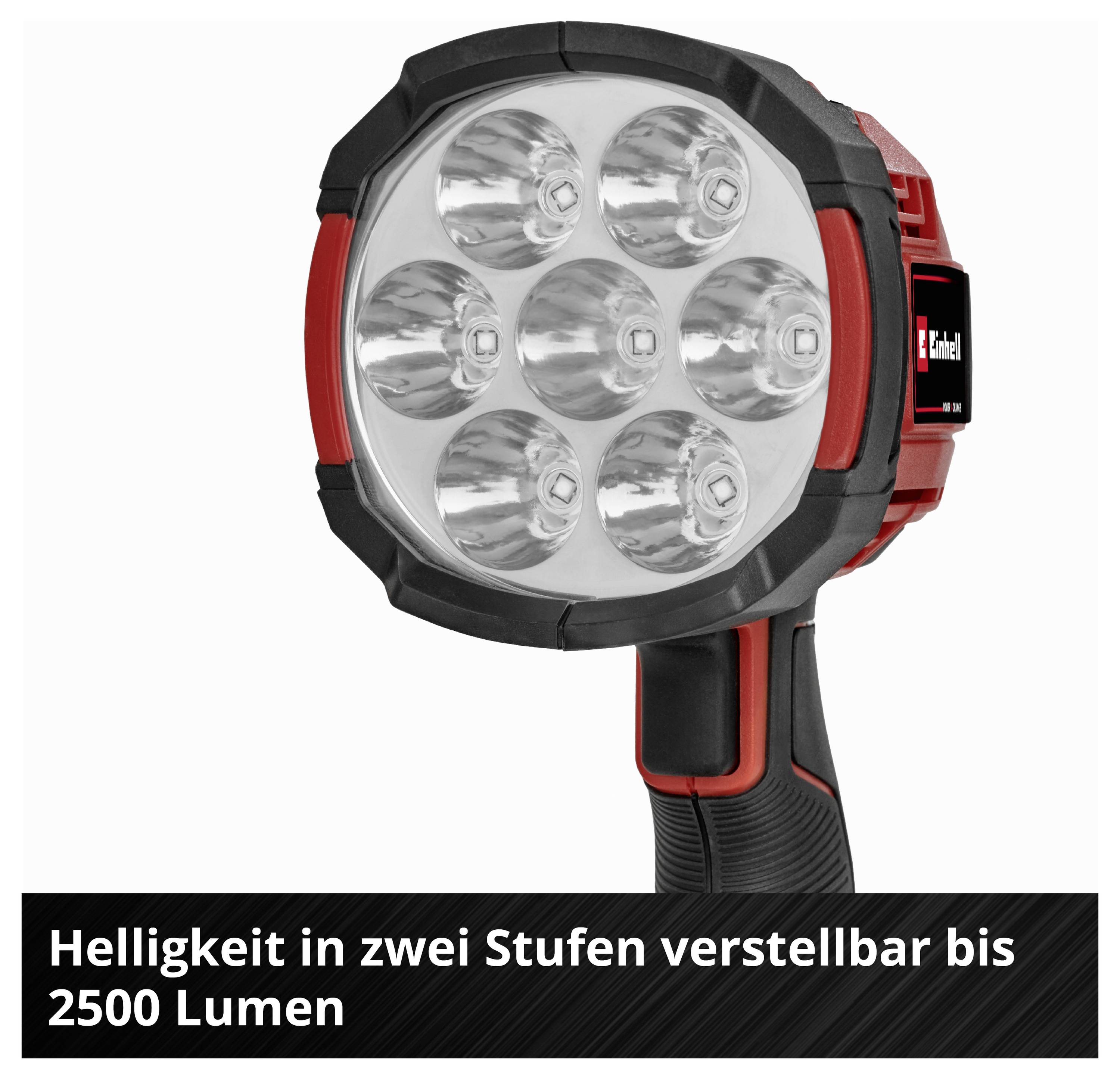 Projecteur à batterie avec sept LED. Luminosité réglable en deux niveaux jusqu'à 2500 lumens, conçu en noir et rouge.
