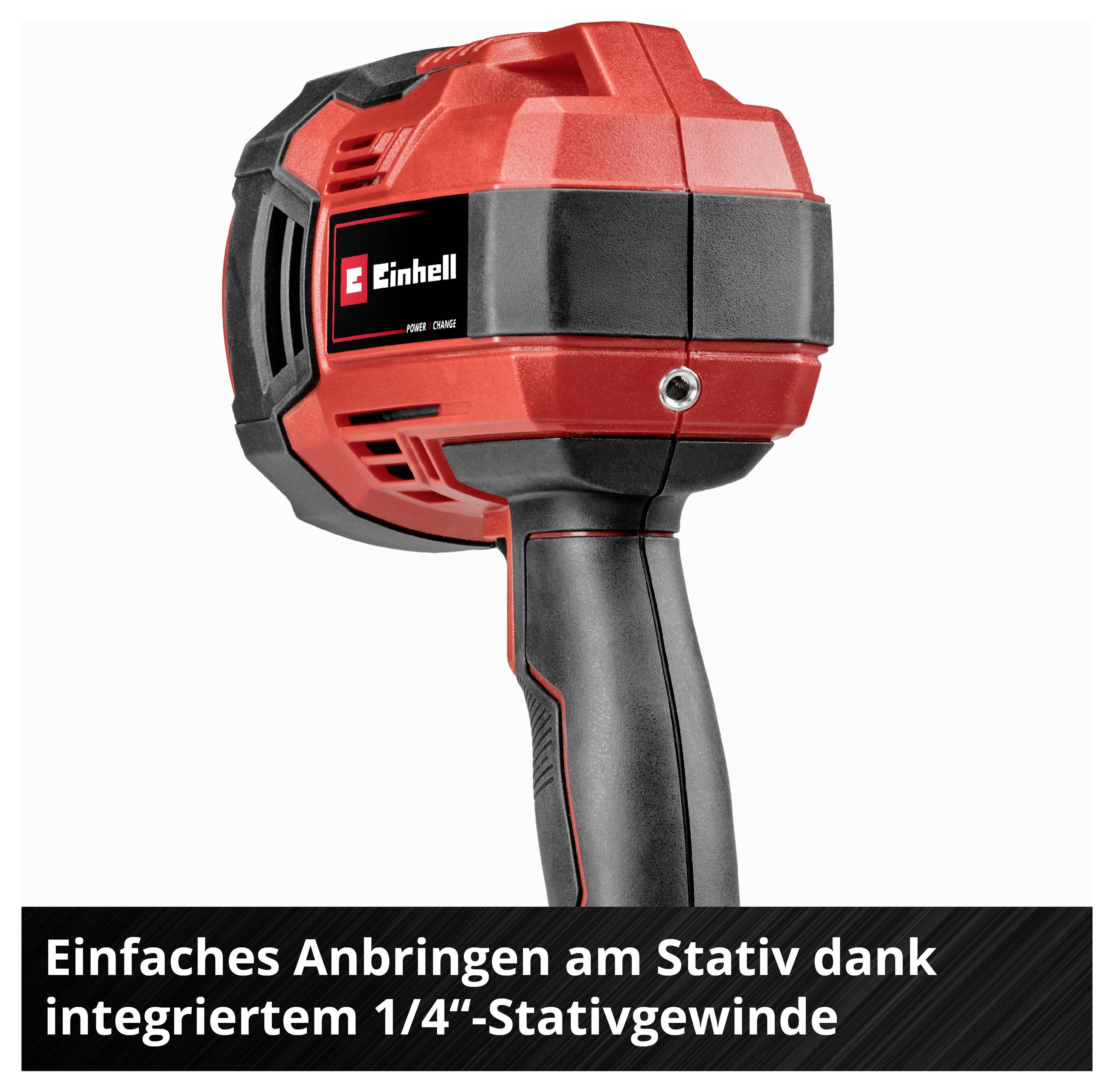 Un appareil rouge d'Einhell avec une poignée, adapté pour la fixation sur des trépieds grâce à son filetage de trépied intégré de 1/4''.