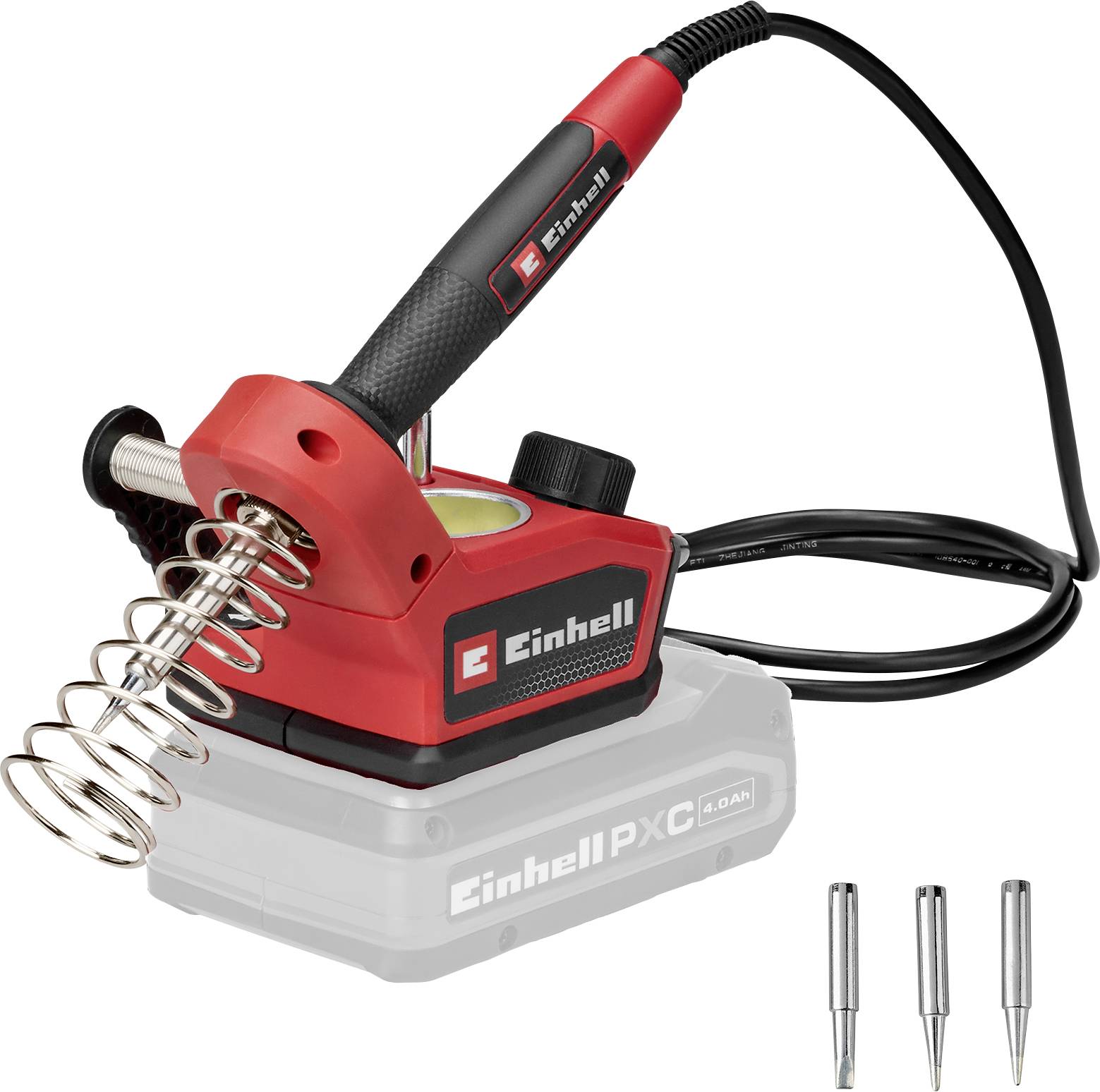 Une station de soudage Einhell rouge et noire avec un support pour fer à souder, connectée à une base d'alimentation, équipée de trois embouts interchangeables.