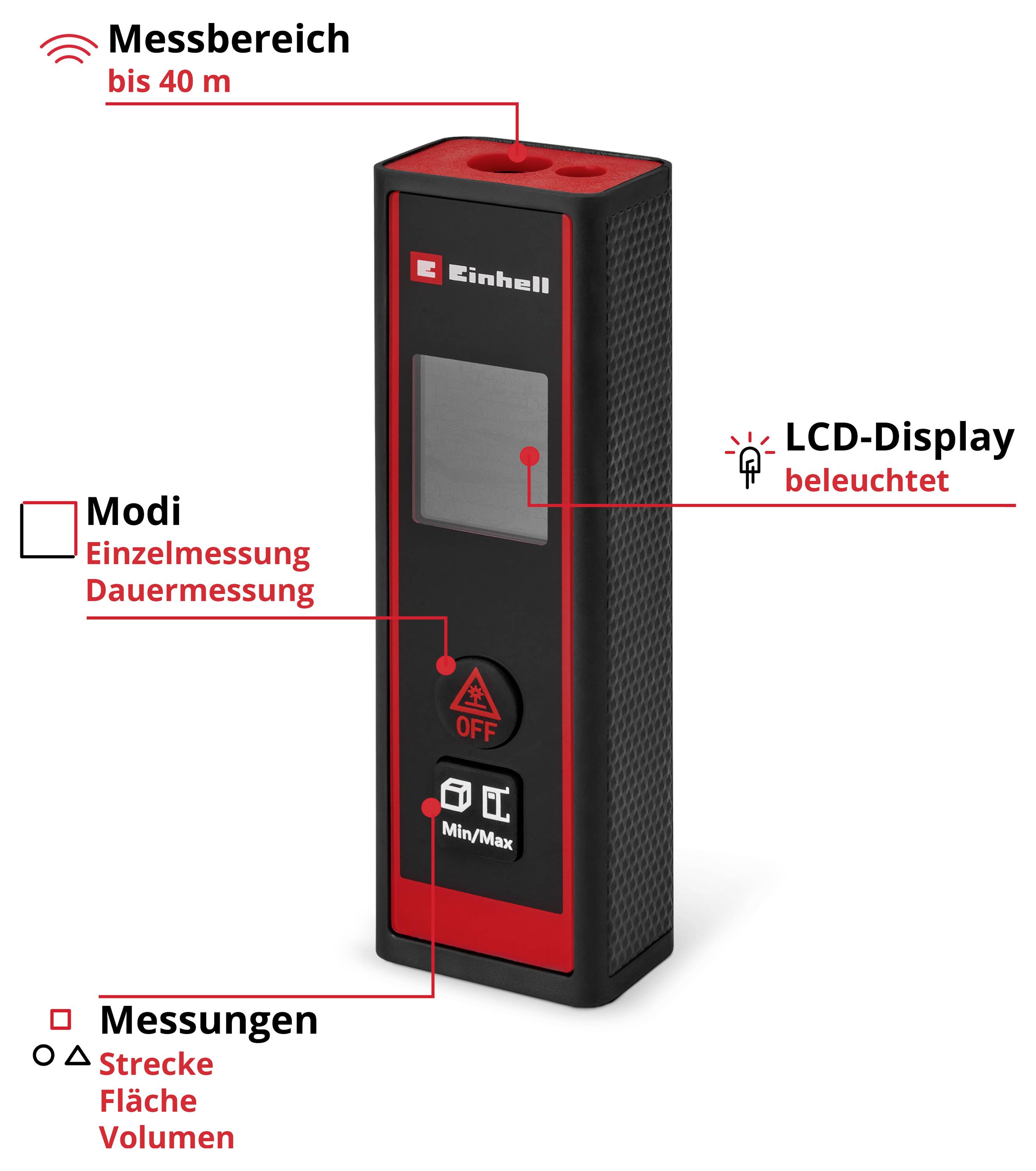 Télémètre laser 'Einhell'. Portée de mesure jusqu'à 40 m. Modes : mesure unique et continue. Écran LCD rétroéclairé. Mesure distance, surface, volume.