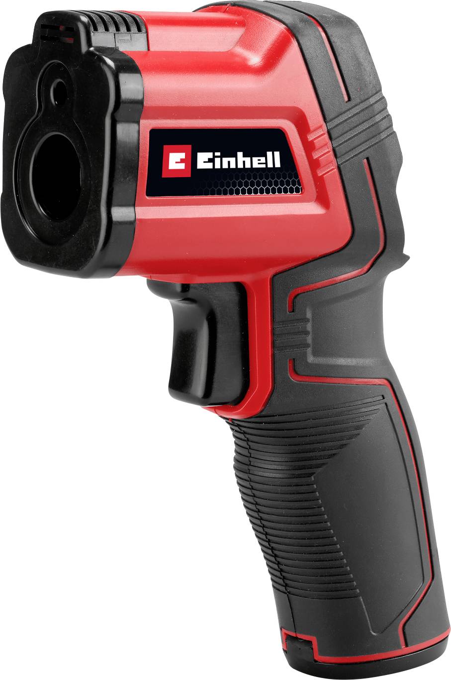 Un thermomètre infrarouge portable rouge et noir avec un écran d'affichage, utilisé pour mesurer la température à distance.