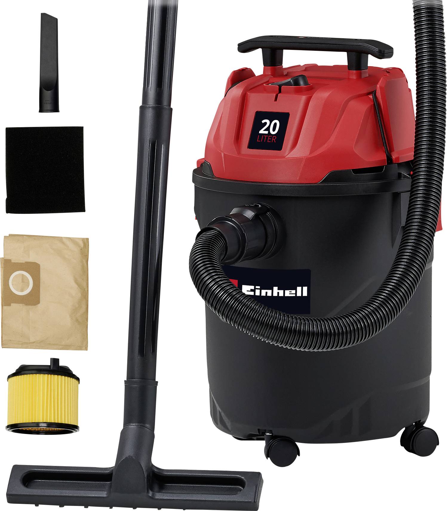 Aspirateur eau et poussière Einhell de 20 litres, rouge et noir, avec accessoires, comprenant un tuyau, un filtre et des buses, sur fond blanc.