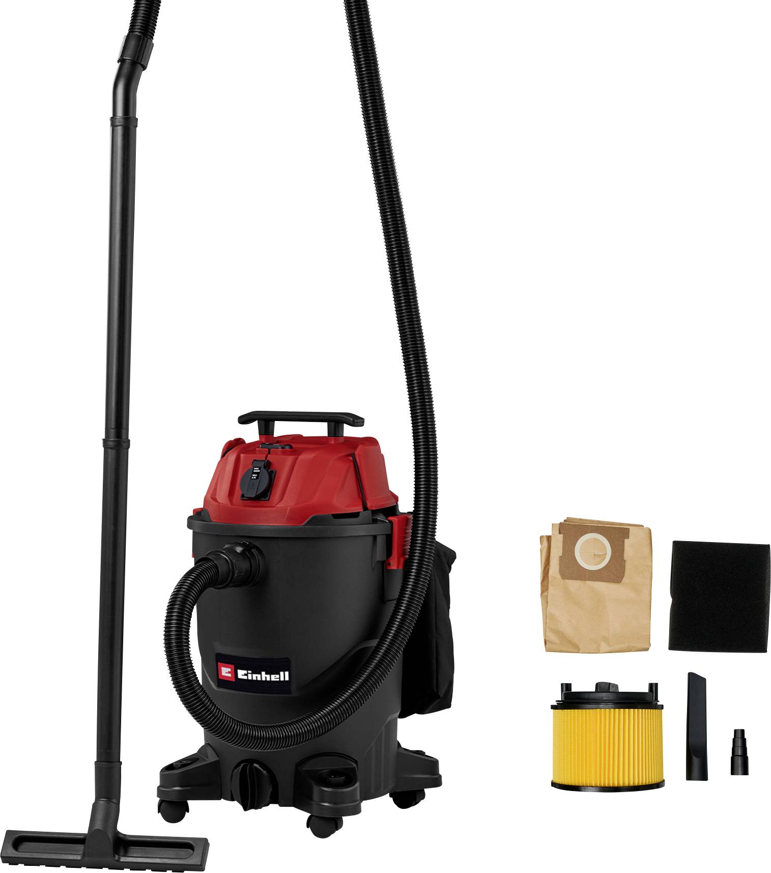 Un aspirateur eau et poussière Einhell rouge et noir avec ses accessoires et filtres disposés à côté. Adapté à des tâches de nettoyage polyvalentes.