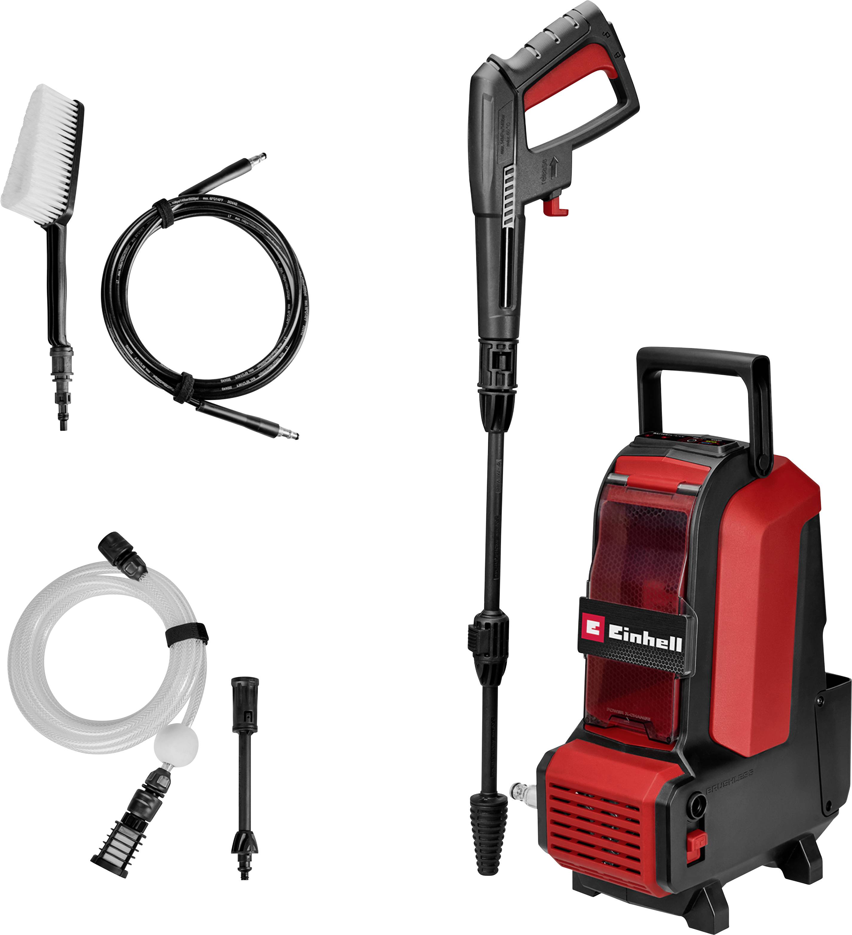 Un nettoyeur haute pression rouge et noir avec accessoires : un pistolet pulvérisateur, un tuyau avec brosse et un embout. Le nom de la marque 'Einhell' est visible.