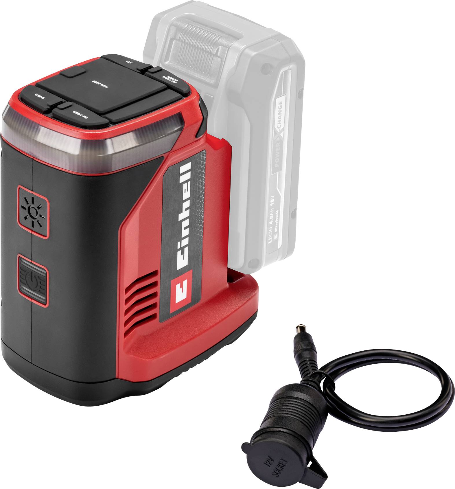 Un gonfleur de pneus portable noir et rouge avec affichage numérique, présentant un design sans fil et un adaptateur de charge séparé.