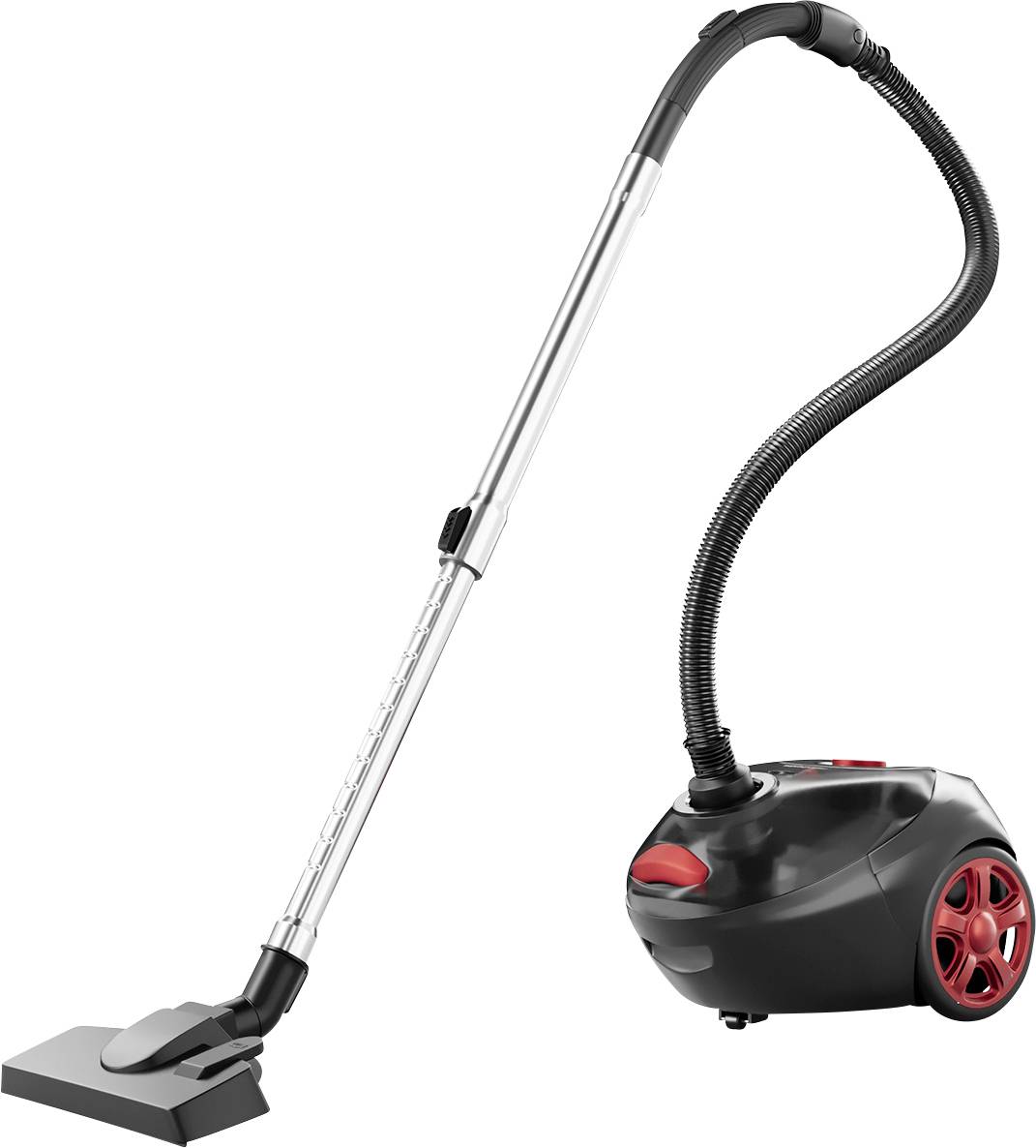 Un aspirateur-traîneau noir et rouge avec un long tuyau et un accessoire pour sol, conçu pour les tâches de nettoyage domestique.