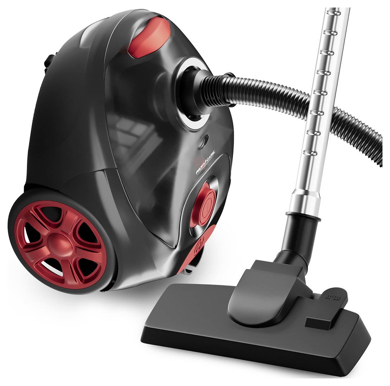 Un aspirateur-traîneau noir et rouge avec un tuyau flexible et une large buse pour sol, conçu pour les tâches de nettoyage intérieur.