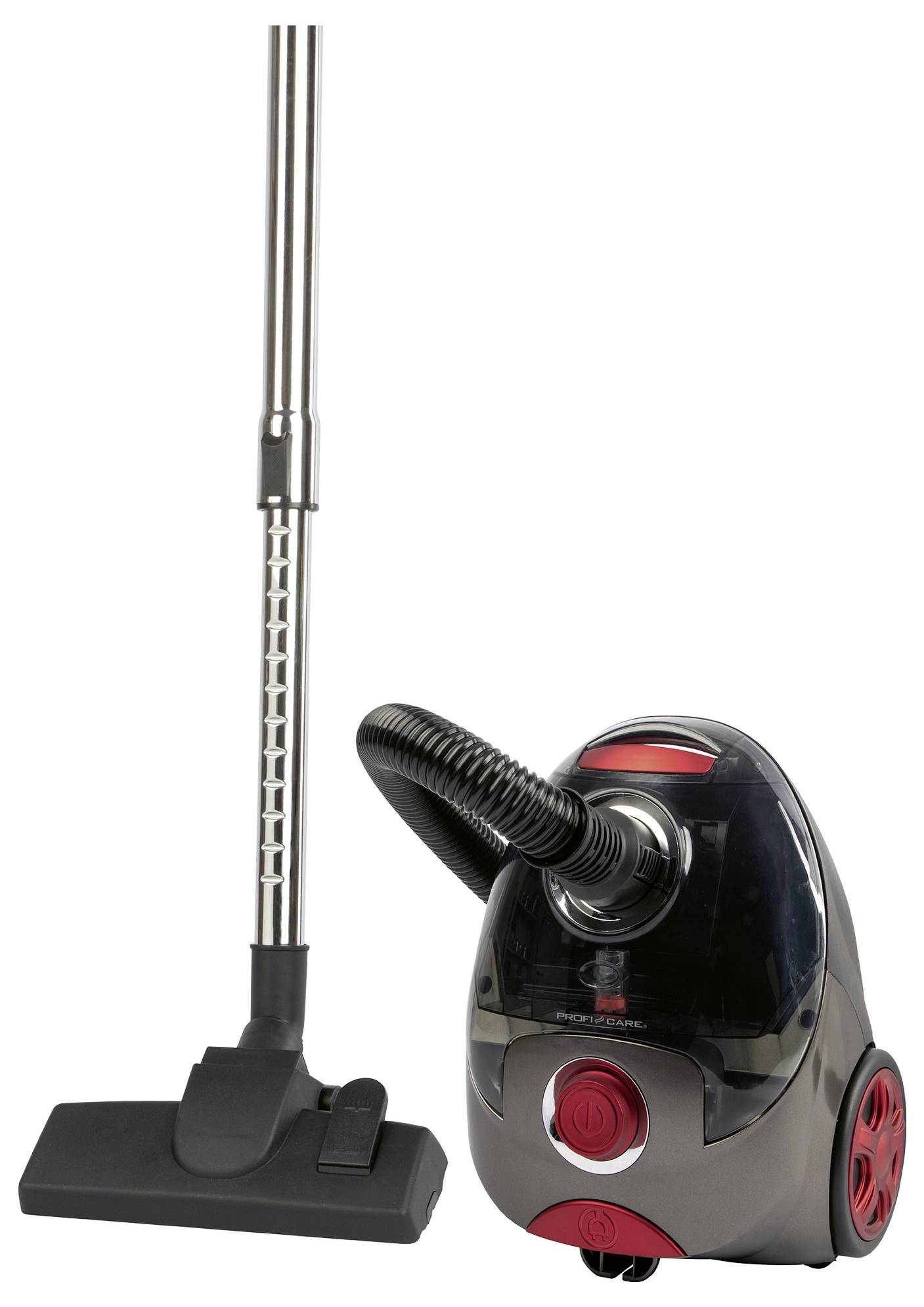 L'image montre un aspirateur cylindrique compact, argenté et noir, avec un bouton rouge et un tuyau, doté d'un réservoir à poussière amovible.