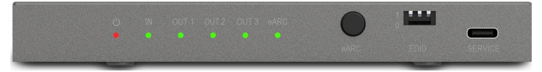 Un panneau avant d'un périphérique réseau gris affichant un voyant d'alimentation rouge, cinq voyants d'état verts étiquetés de 'OUT 1' à 'OUT 4', un port USB-C et un bouton de réinitialisation.