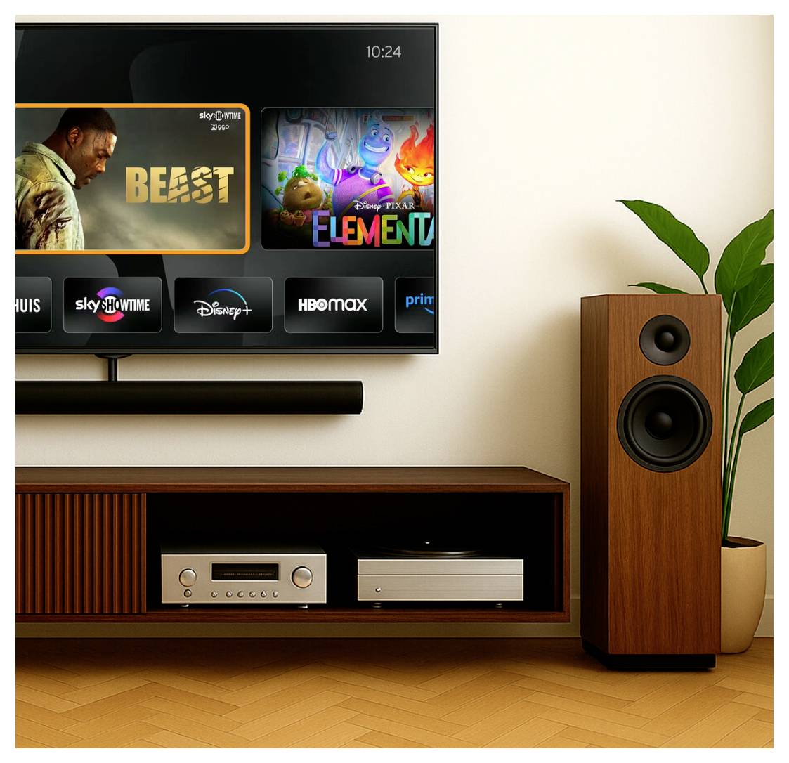 Un salon moderne avec un grand téléviseur à écran plat affichant des applications de streaming et des options de films, un haut-parleur en bois et une plante en pot.