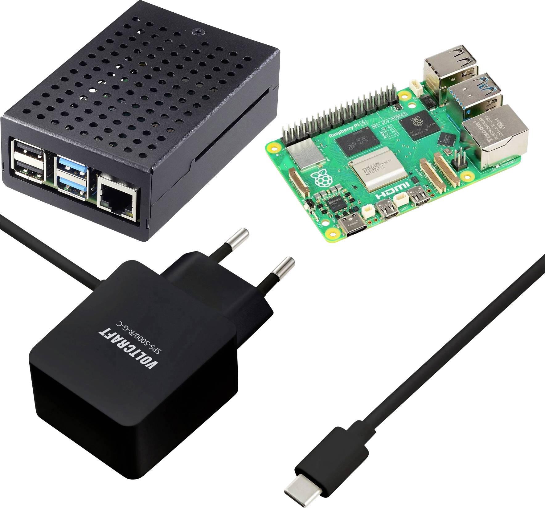 Kit de composants Raspberry Pi : une carte Raspberry Pi, un boîtier ventilé noir, un chargeur mural USB et un câble USB-C.