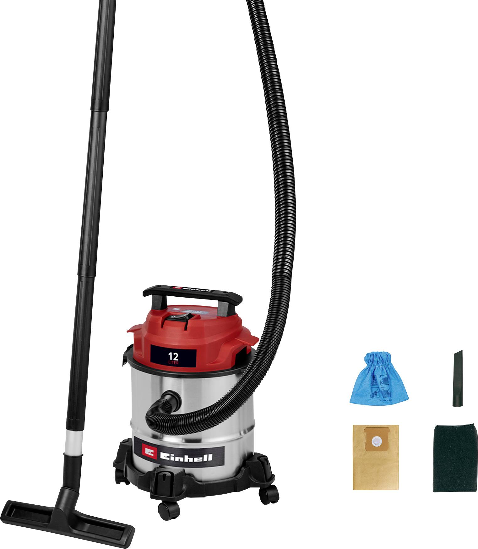 Un aspirateur eau et poussière en acier inoxydable avec un couvercle rouge, un tuyau noir, une buse et des accessoires comprenant des filtres et des sacs à poussière à côté de lui.