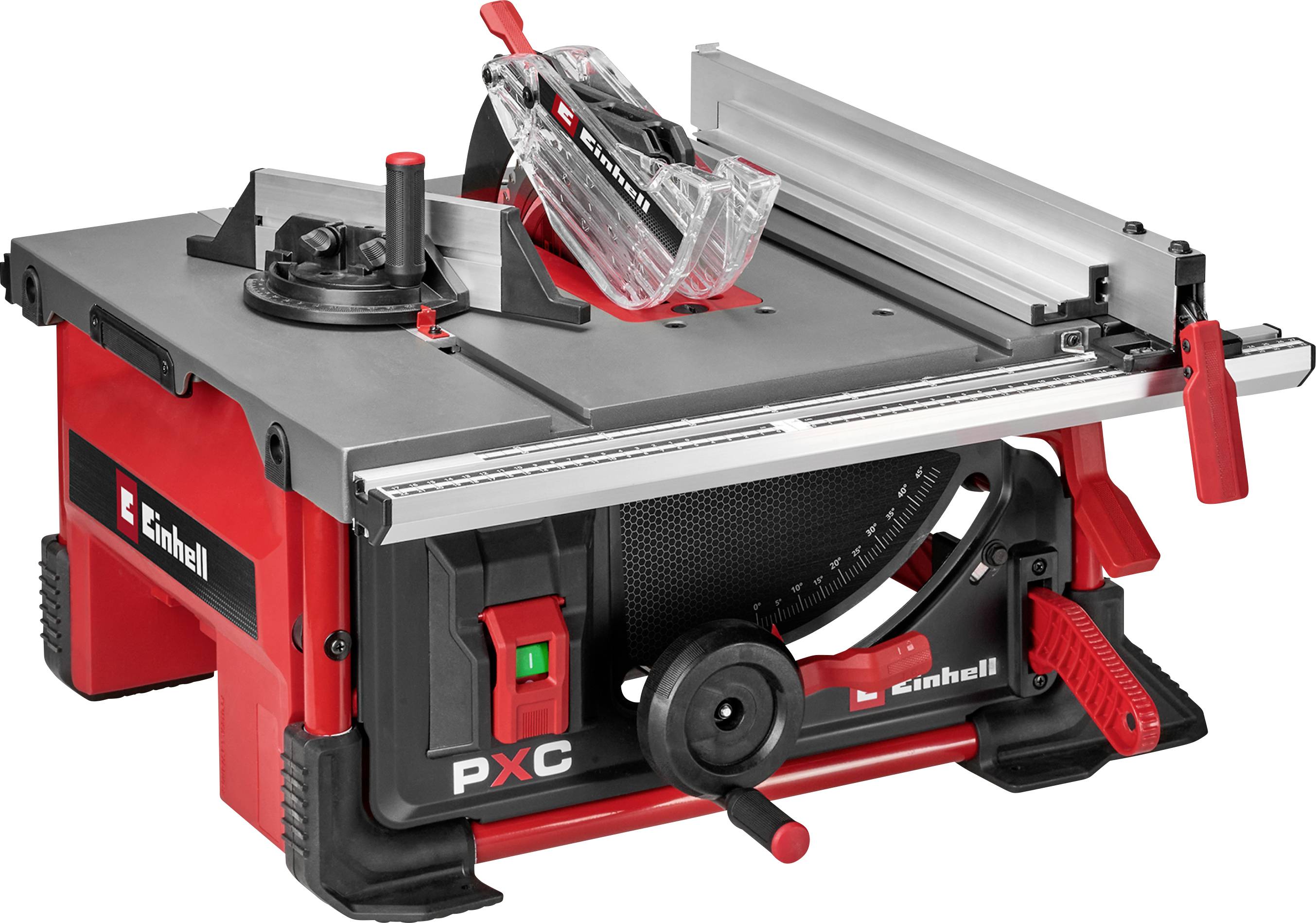« Une scie sur table Einhell PXC rouge et noire avec angle de lame réglable et rail de guidage. Comprend un interrupteur d'arrêt d'urgence et un carter de protection de lame. »