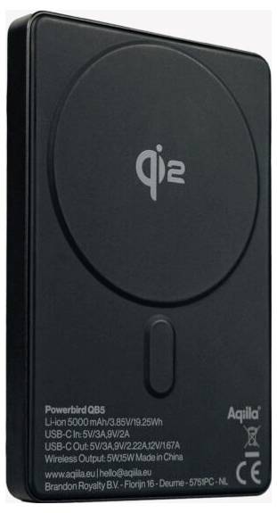 Chargeur sans fil 'Qi 2' avec options d'entrée/sortie USB-C et capacité de batterie de 5000 mAh.