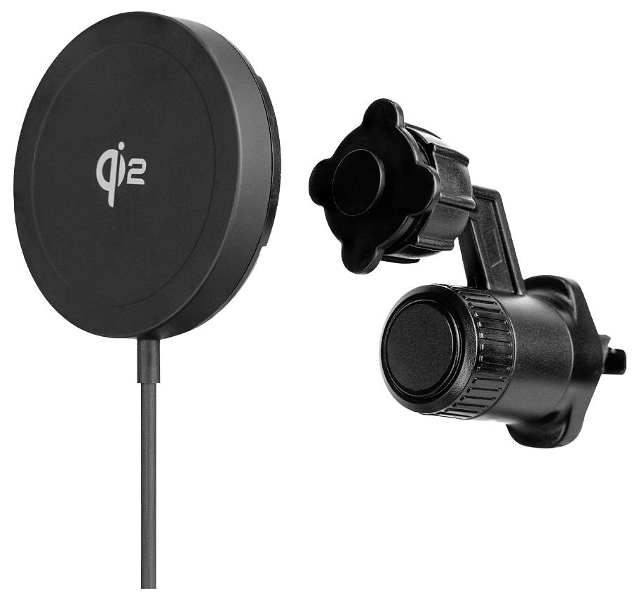 Support de téléphone et chargeur avec logo 'qi2', présentant un design circulaire et un clip de fixation d'aération réglable pour installation dans un véhicule.