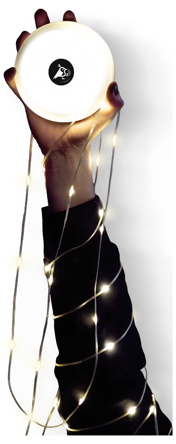 Une main tient en l'air un objet rond et lumineux avec un logo au centre, décoré de guirlandes lumineuses qui descendent le long du bras.