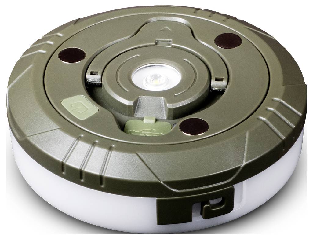 Une lampe de camping ou utilitaire ronde, vert olive, compacte, équipée d'une unique ampoule LED au centre et dotée de boutons visibles sur sa surface supérieure.