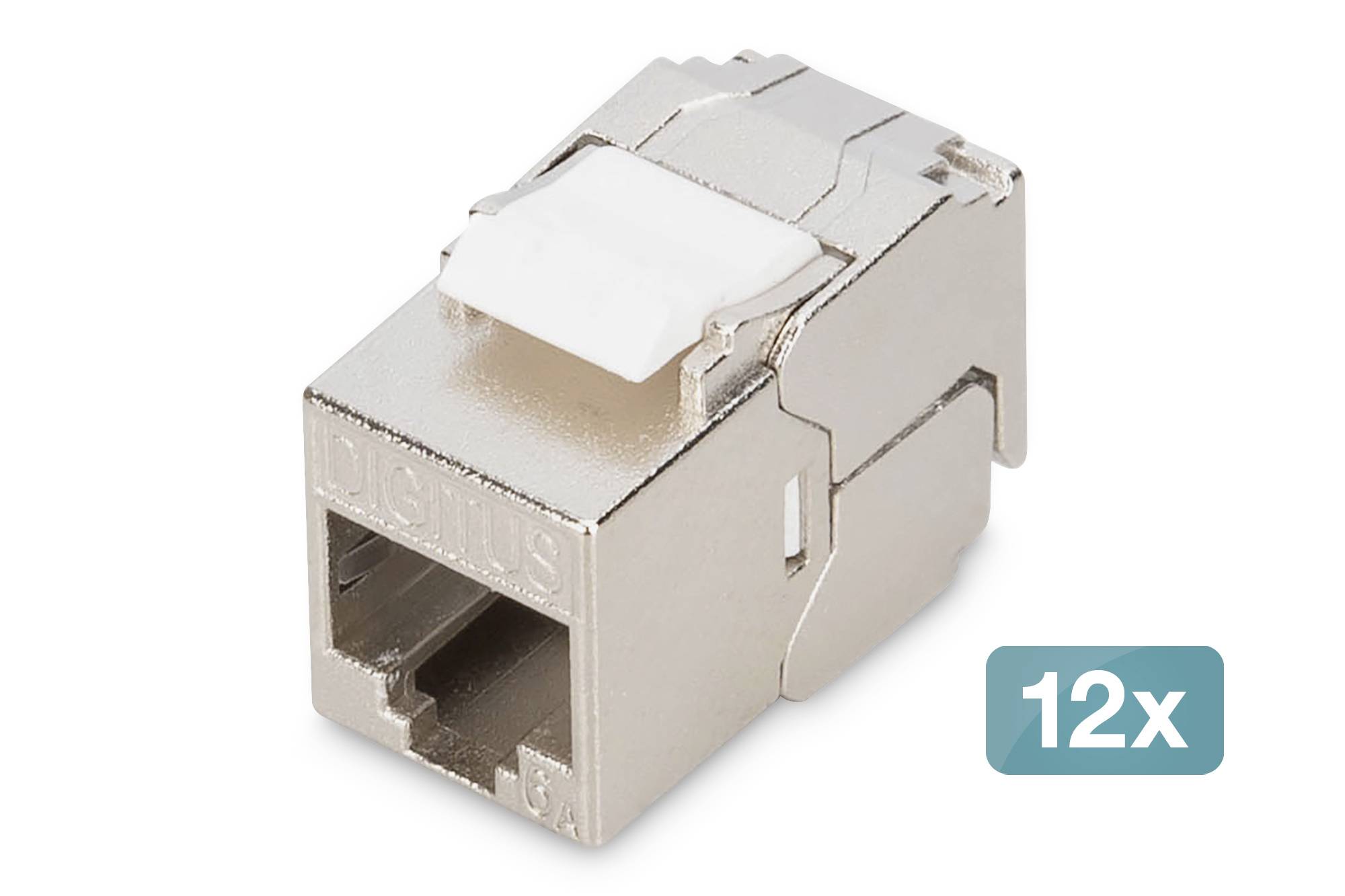 Silver Ethernet RJ45 keystone jack connector shown at an angle, labeled 12x.