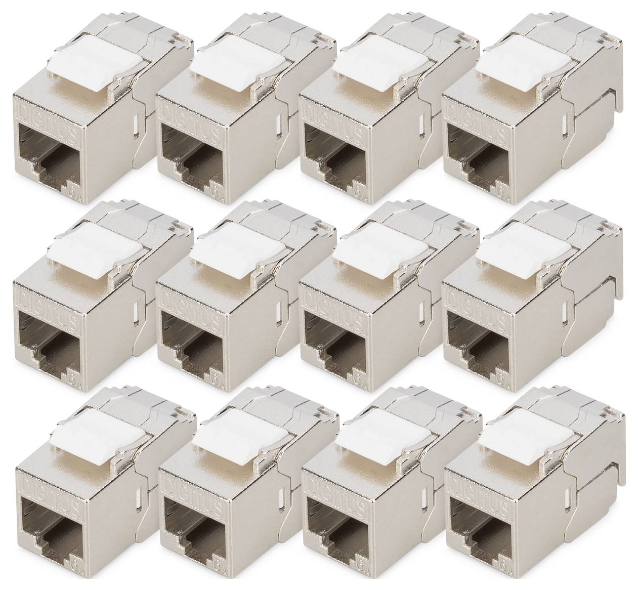 Un ensemble de douze prises RJ45 keystone en argent disposées selon un motif en grille, chacune dotée d'un boîtier métallique et d'un clip à des fins de mise en réseau.