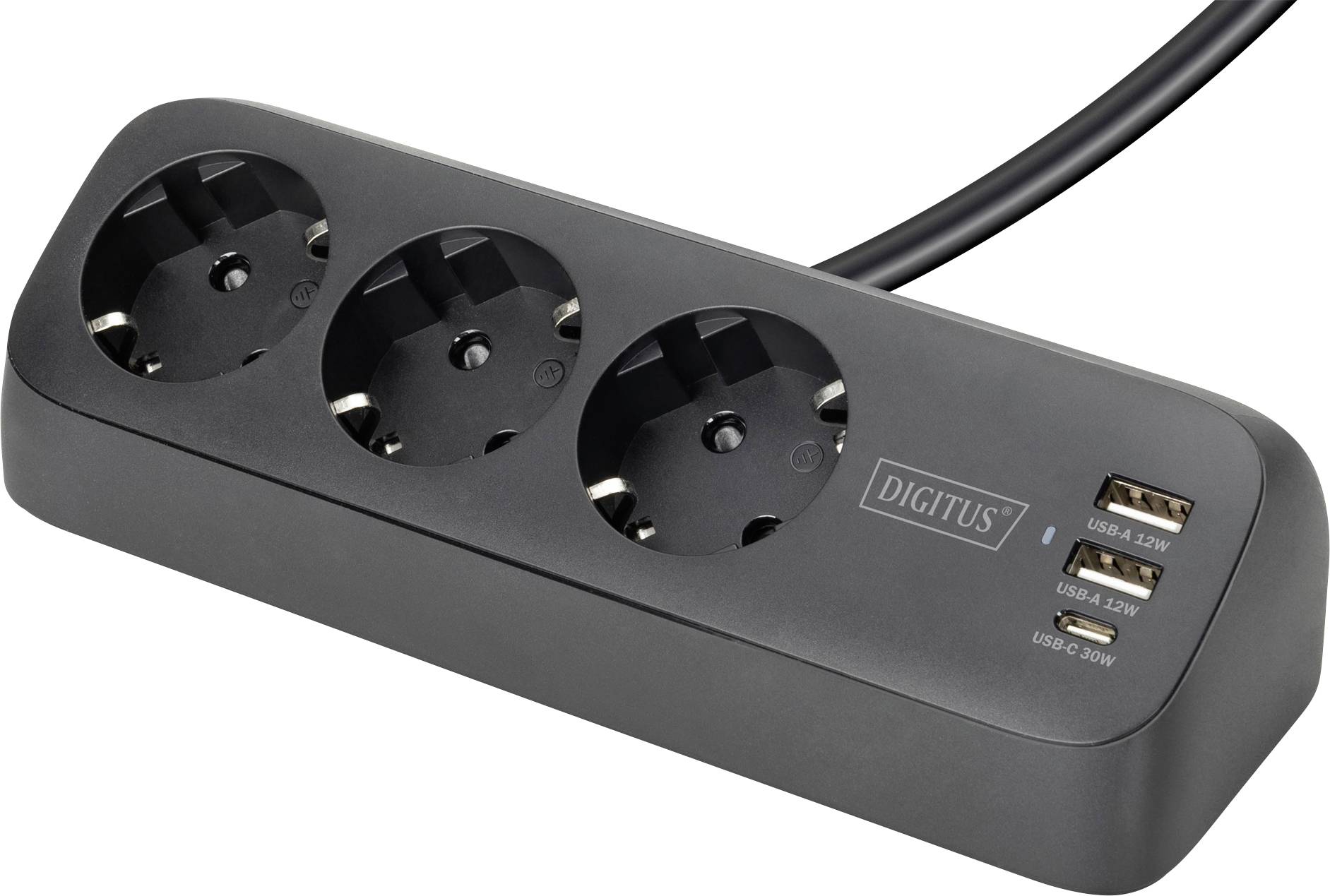 Une barre d'alimentation noire avec trois prises européennes et deux ports USB-A sur le côté étiquetés pour charger les téléphones ou les appareils.