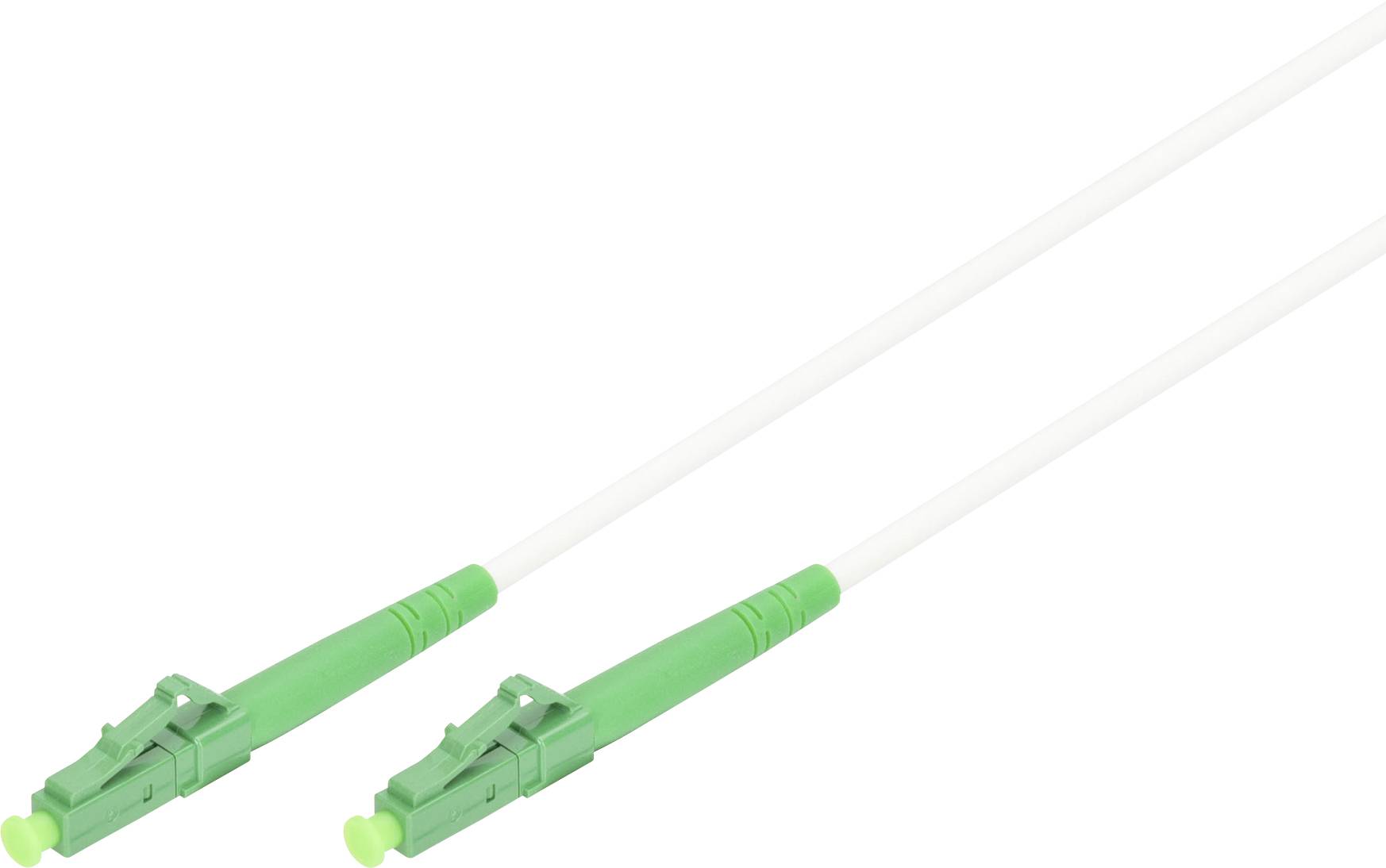 Deux connecteurs de fibres optiques verts attachés à des câbles blancs, conçus pour la transmission de données à haut débit dans les réseaux de communication.
