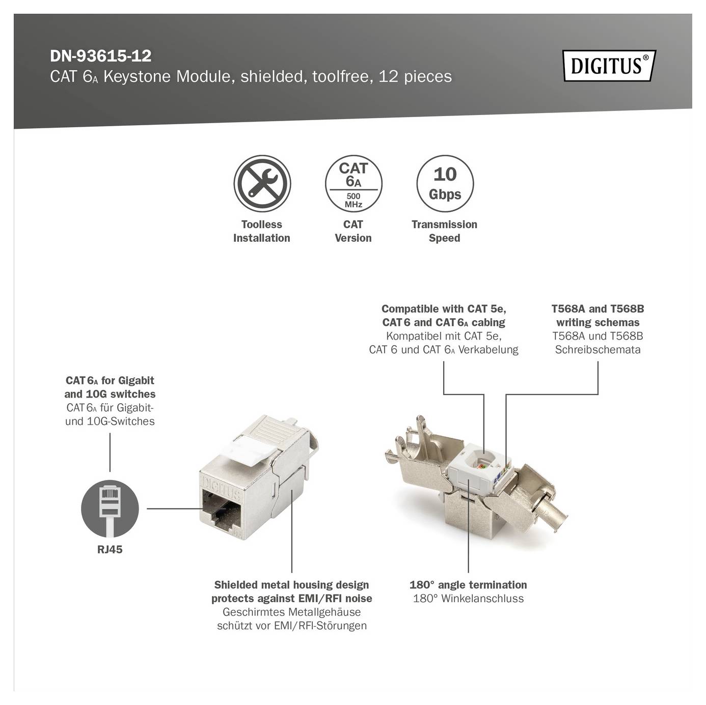 Module Keystone CAT 6a, blindé, sans outil, 12 pièces. Installation sans outil, 10 Gbps, boîtier métallique blindé, terminaison 180°.