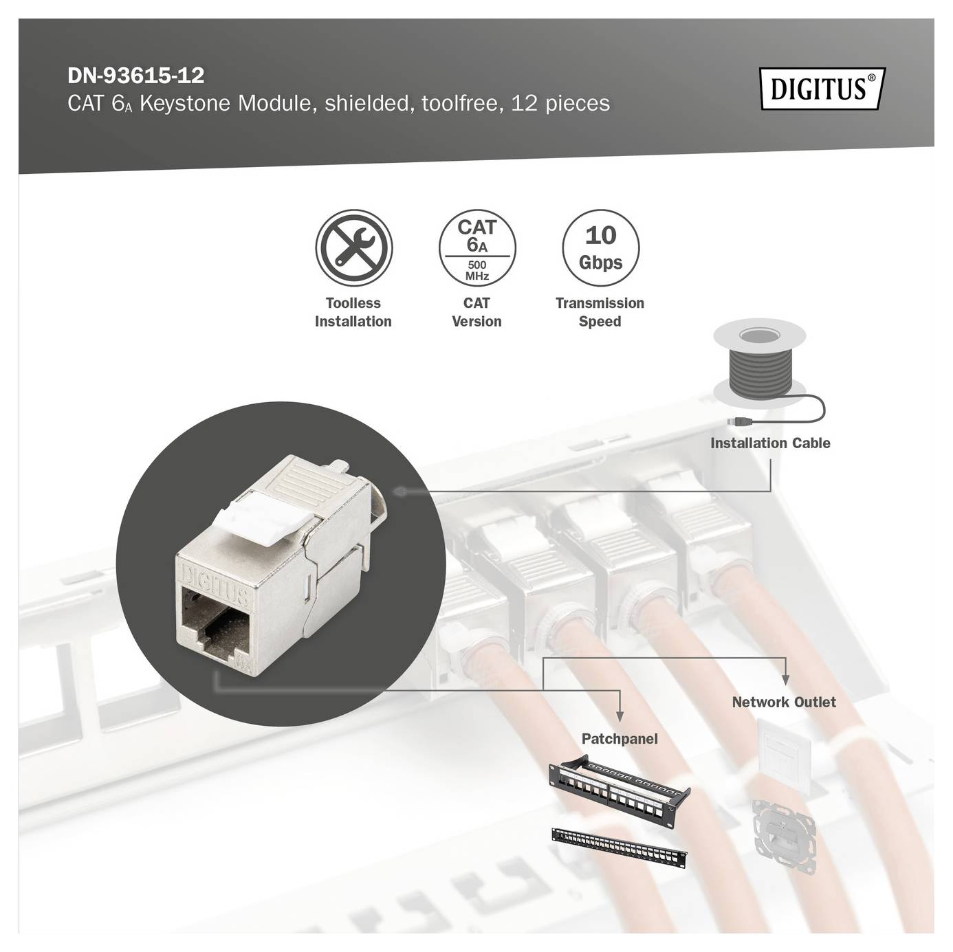 Digitus CAT 6A Keystone Module, shielded, toolless installation, 10 Gbps speed. Includes installation cable, patch panel, network outlet.