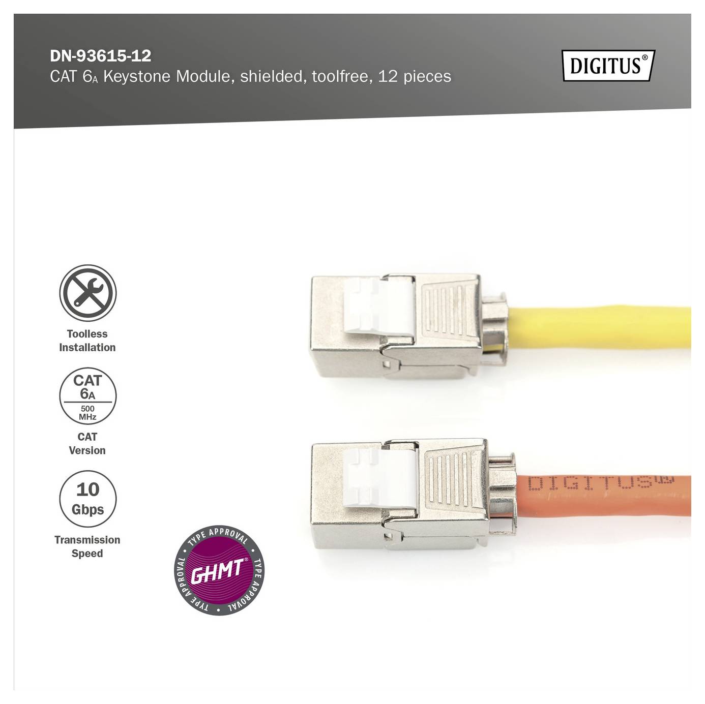 Module Keystone CAT 6A blindé, sans outil, 12 pièces' image montrant deux connecteurs avec des câbles jaunes et orange. Les caractéristiques principales incluent l'installation sans outil, la version CAT 6A, et une vitesse de transmission de 10 Gbps.