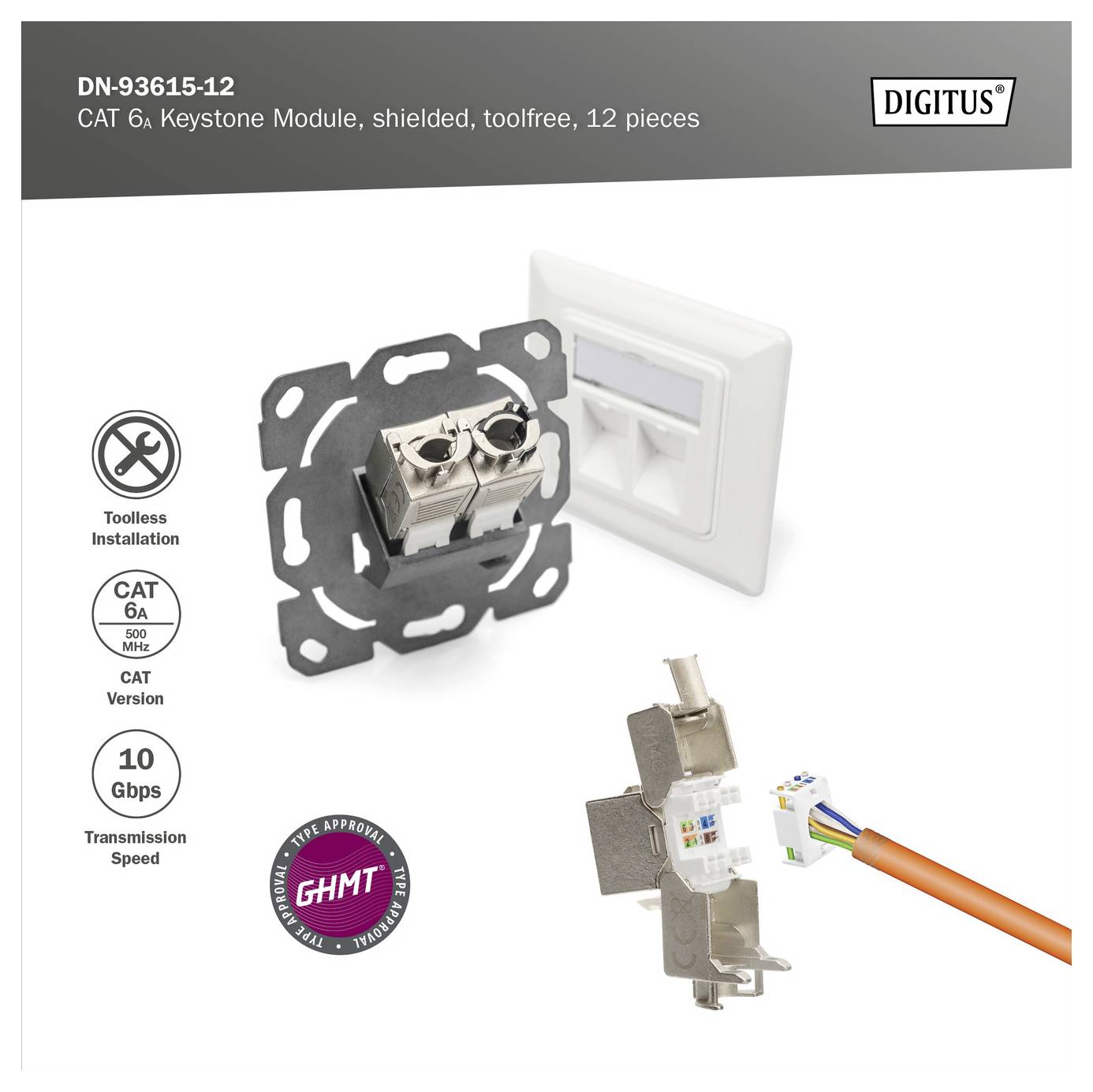 Module keystone Digitus CAT 6A, blindé, installation sans outils, débit nominal 10 Gbps. Inclus 12 pièces.