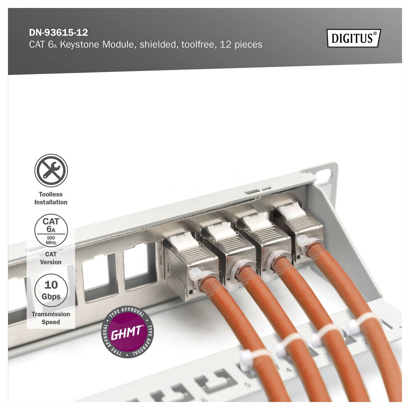 Module Keystone Digitus DN-93615-12 CAT 6a, blindé, sans outils, 12 pièces. Caractérisé par des câbles orange et supporte la transmission à 10 Gbps.