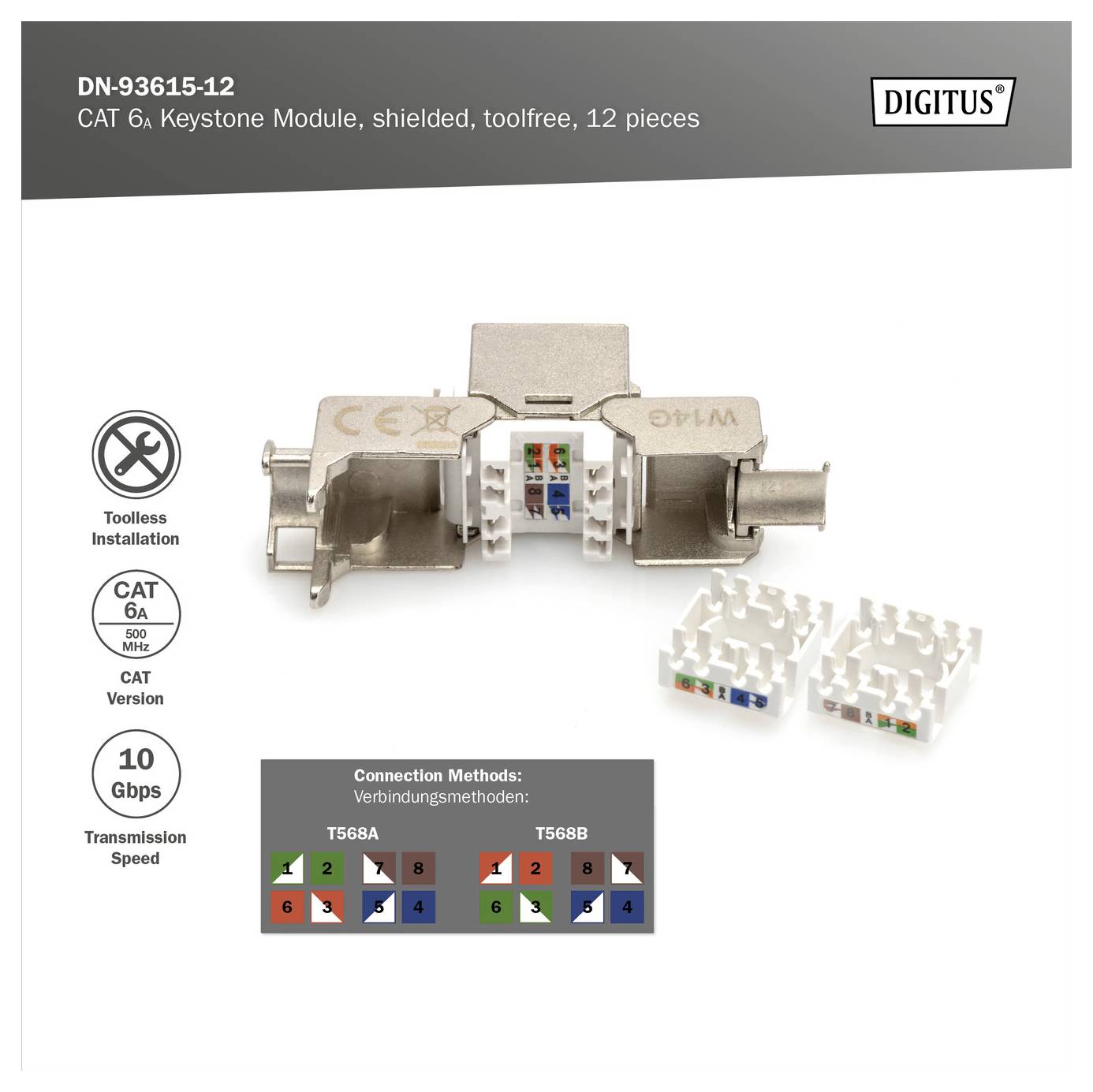 Digitus DN-93615-12 CAT 6A, Module Keystone, blindé, installation sans outil, 12 pièces. Deux méthodes de connexion : T568A et T568B.