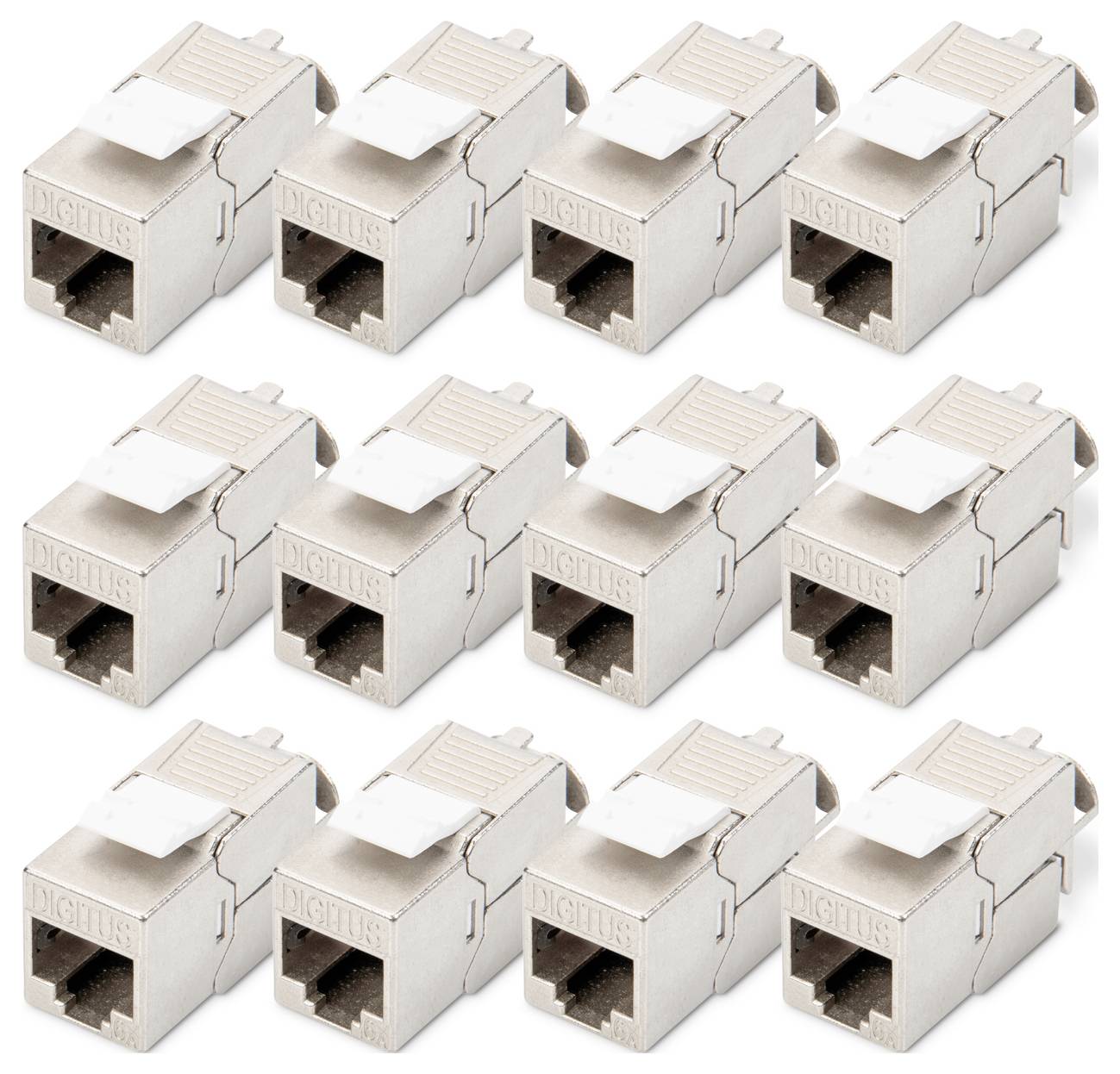 Douze prises de connexion réseau de type keystone en métal, arrangées en trois rangées.