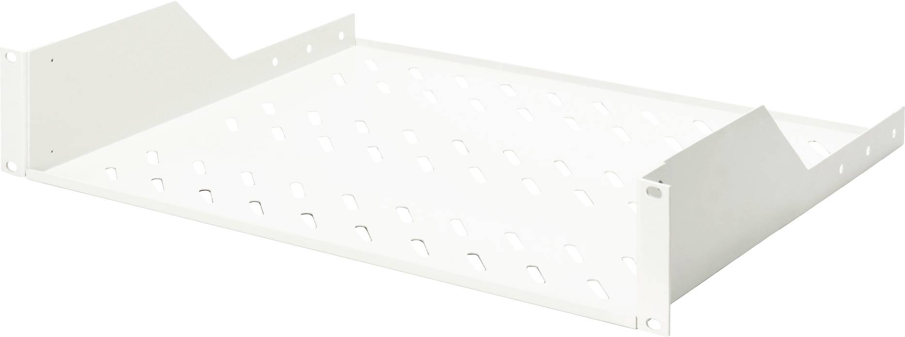 Un plateau ou une étagère en métal blanc, perforé, avec des bords relevés, conçu pour le montage ou le rangement.