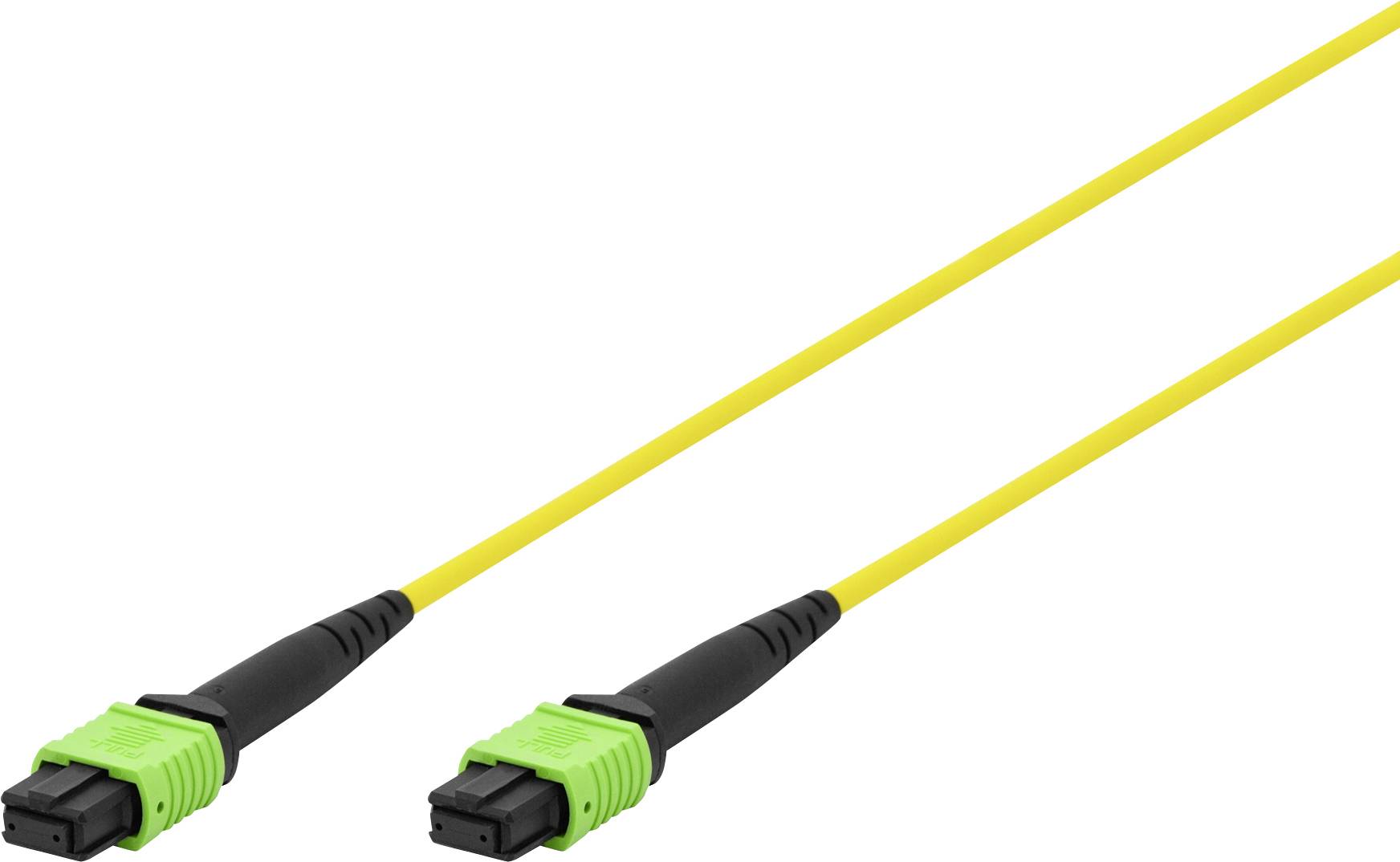 Un câble de fibres optiques jaune avec des connecteurs noirs et verts à chaque extrémité, utilisé pour la transmission de données à haut débit.