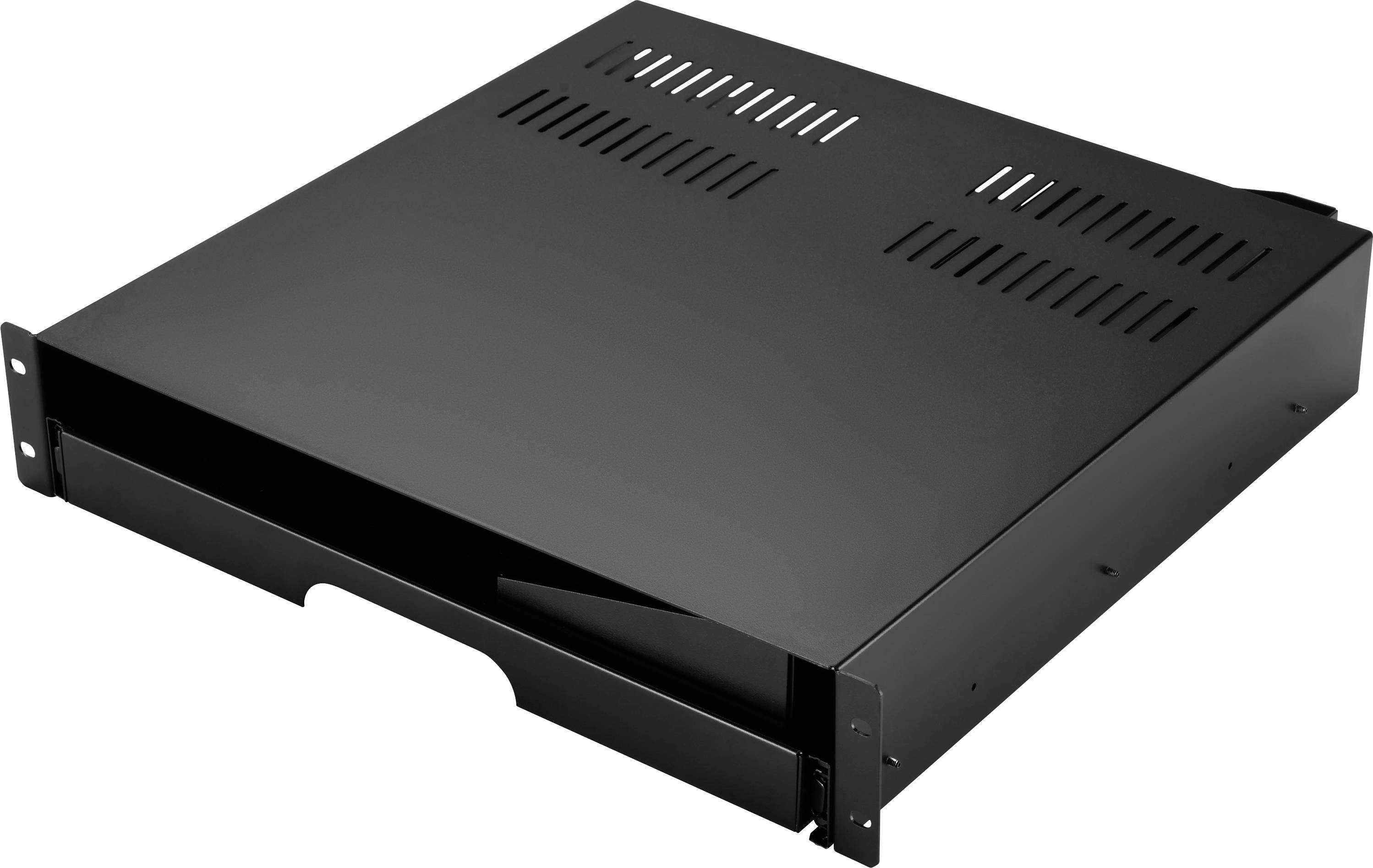 Boîtier serveur 1U noir en rack avec tiroir frontal coulissant et fentes de ventilation, présenté sur un fond blanc.